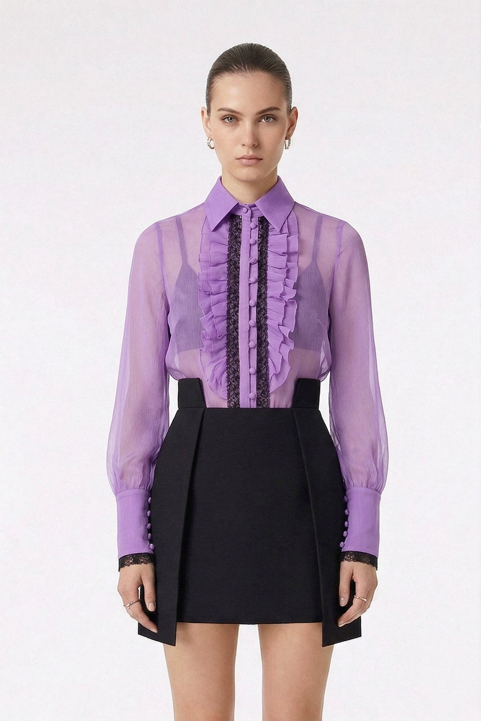 Silk Ruffle Buttoned Down Shirt - Lilac