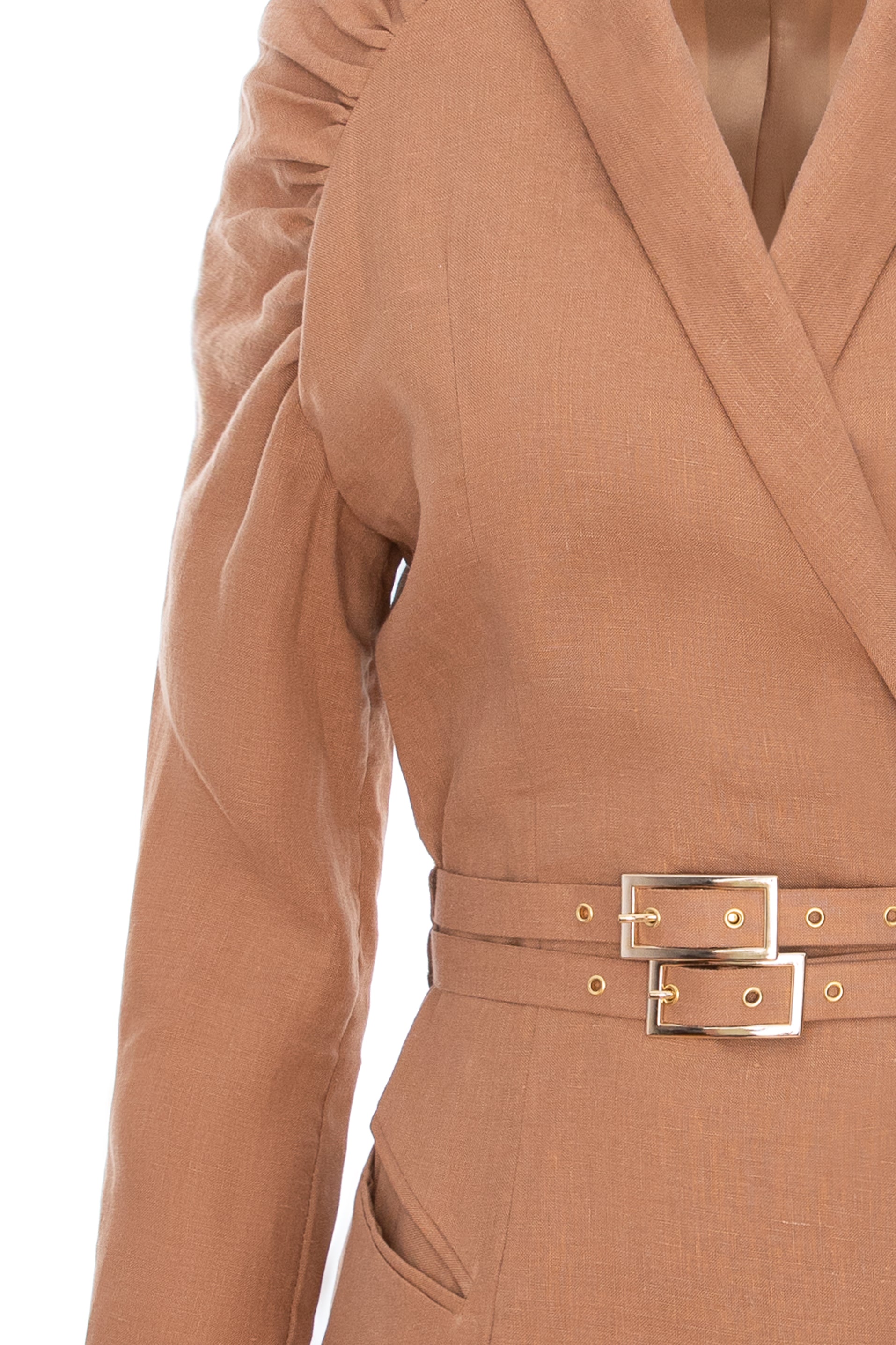 Gathered Raglan Sleeve Linen Blazer Dress With Double Belt - Brown