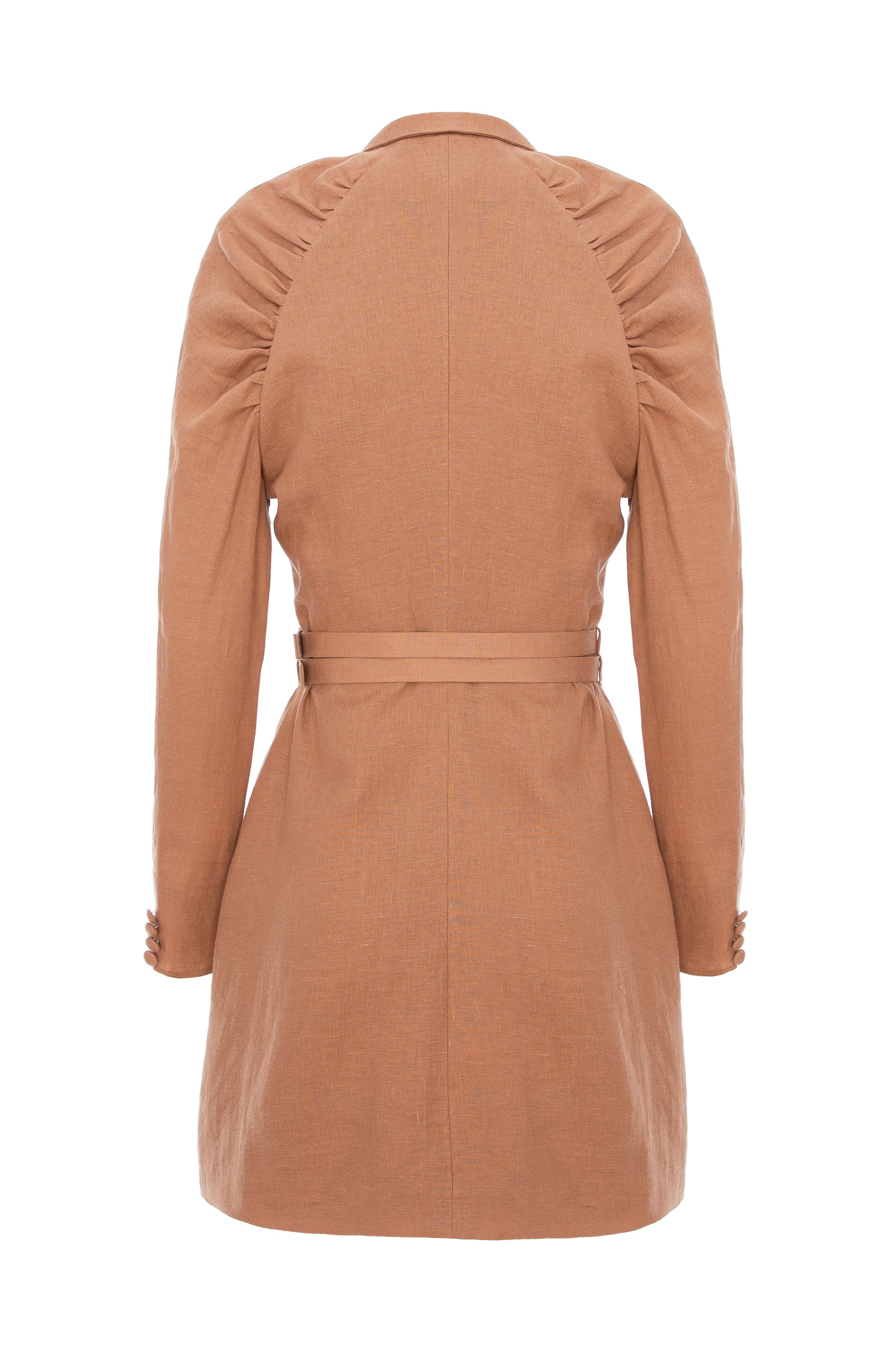 Gathered Raglan Sleeve Linen Blazer Dress With Double Belt - Brown