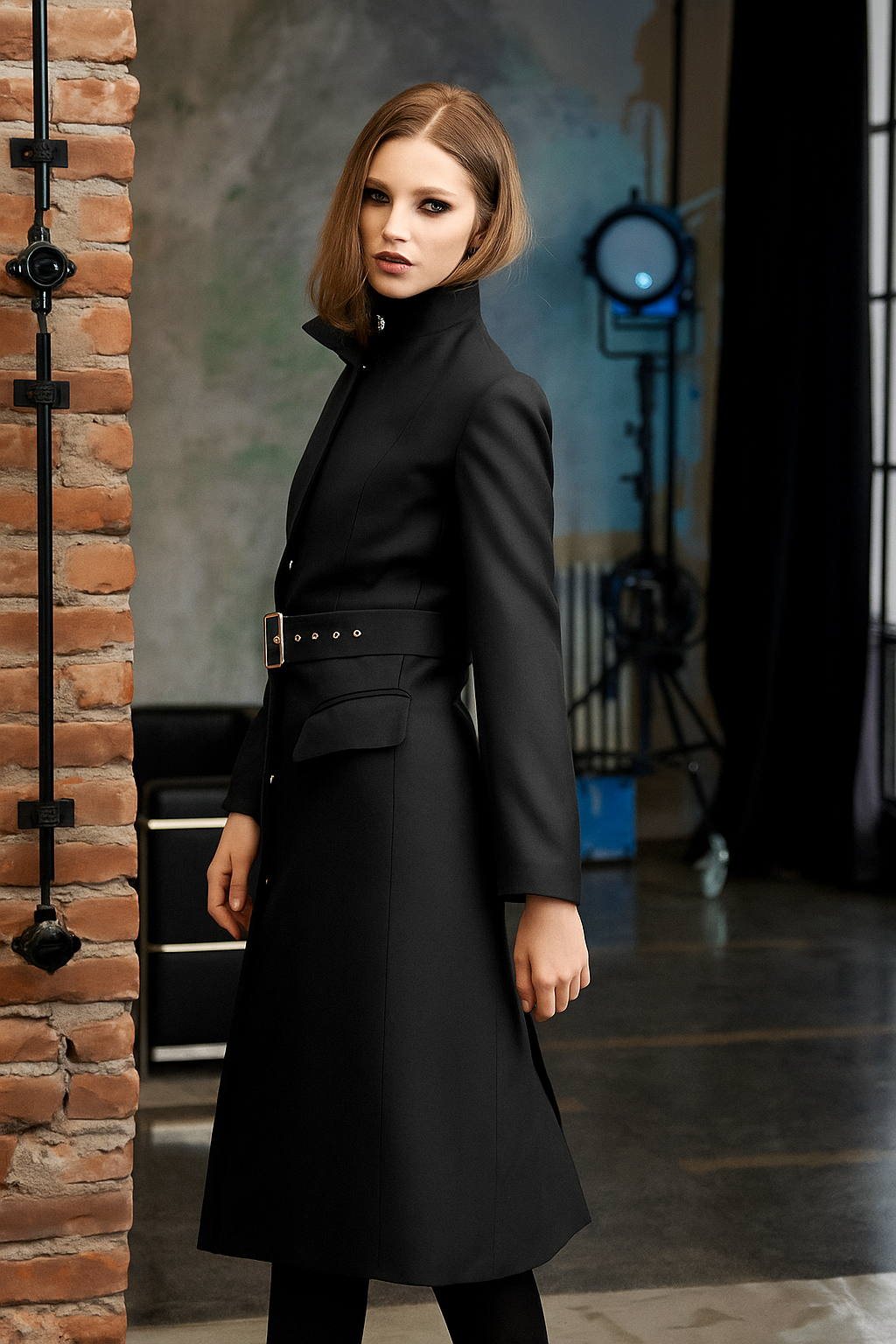 Midi Length Wool Coat With Belt - Black