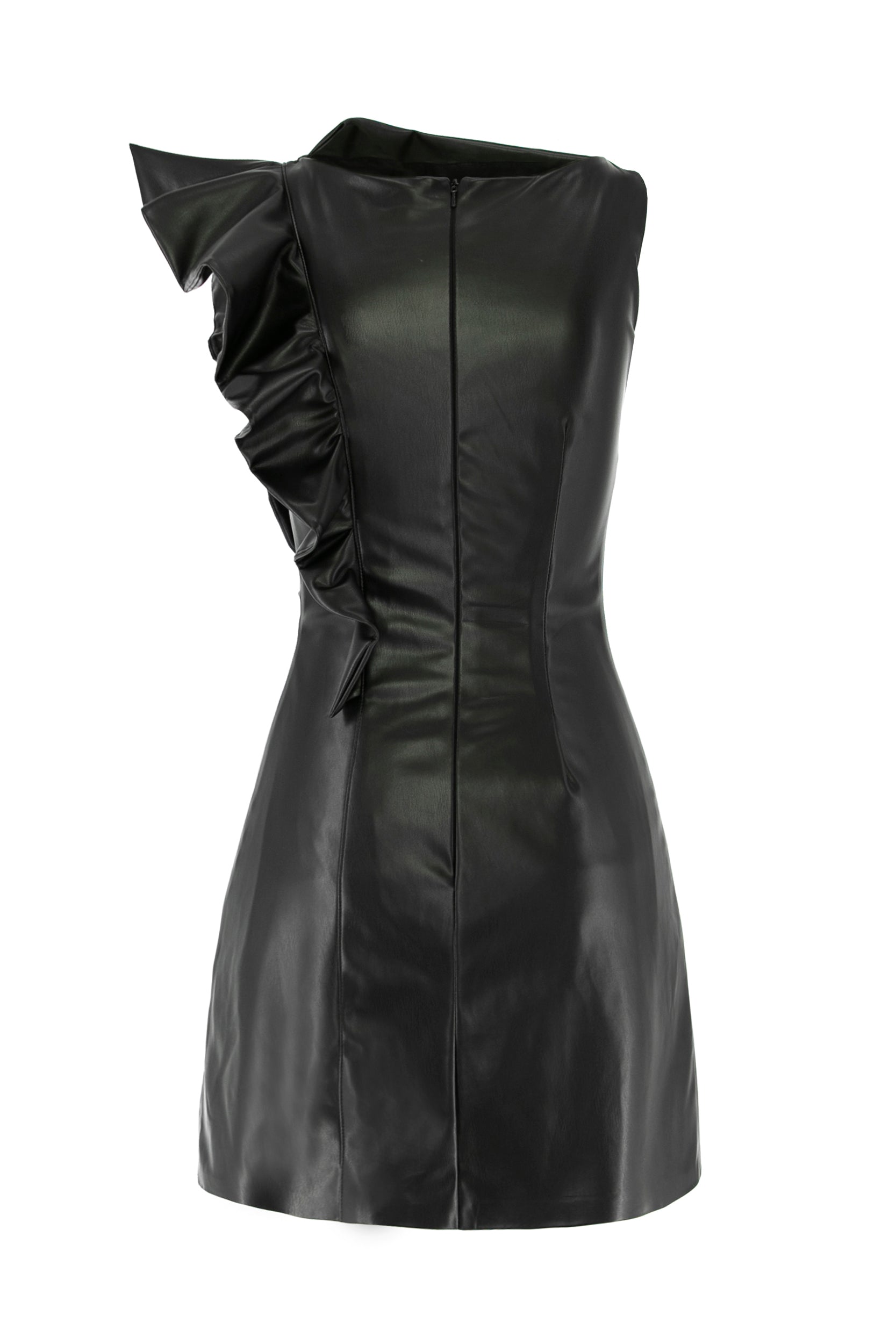 Eco Leather Asymmetrical Mini Dress With Ruffle