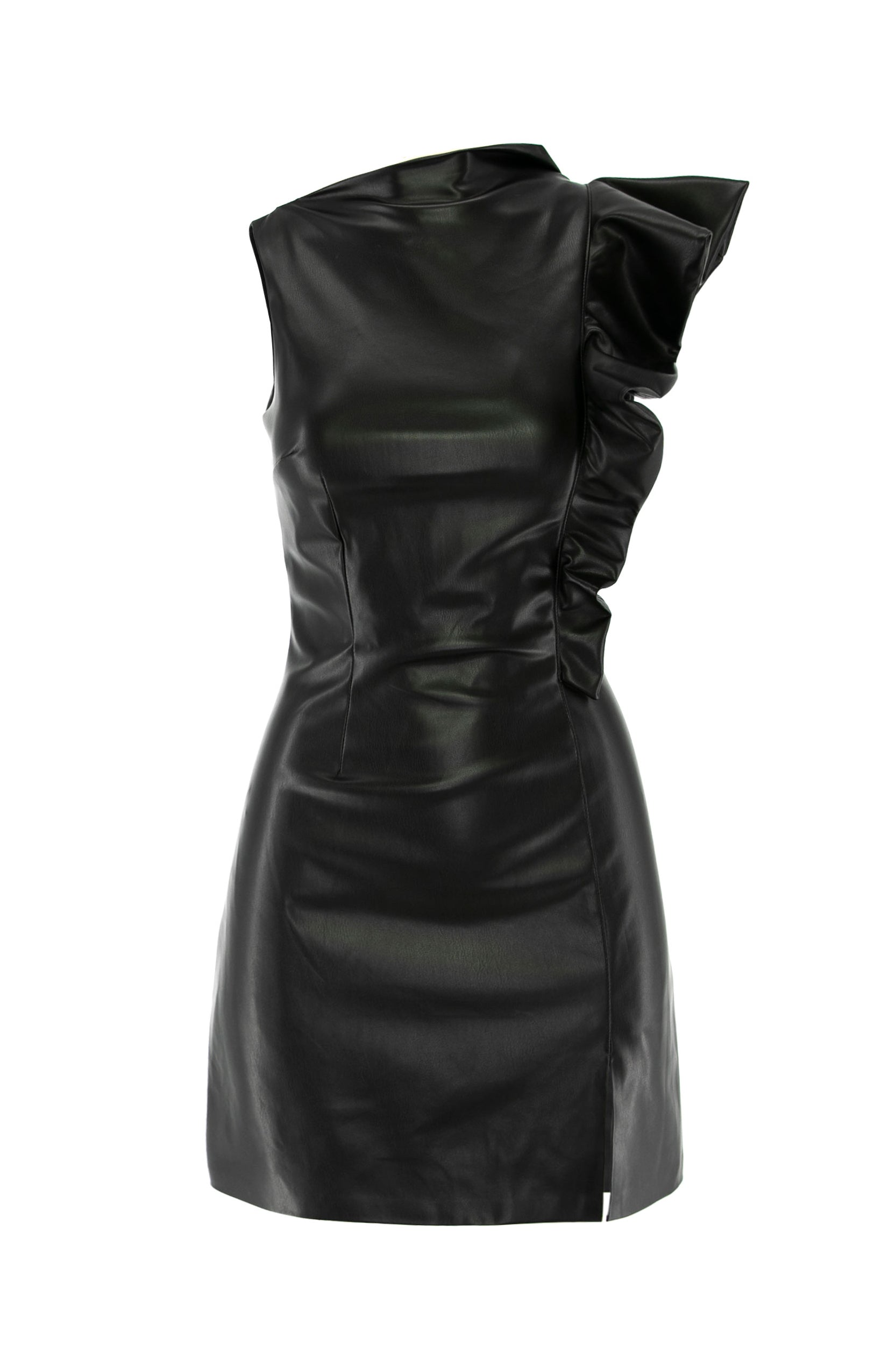 Eco Leather Asymmetrical Mini Dress With Ruffle