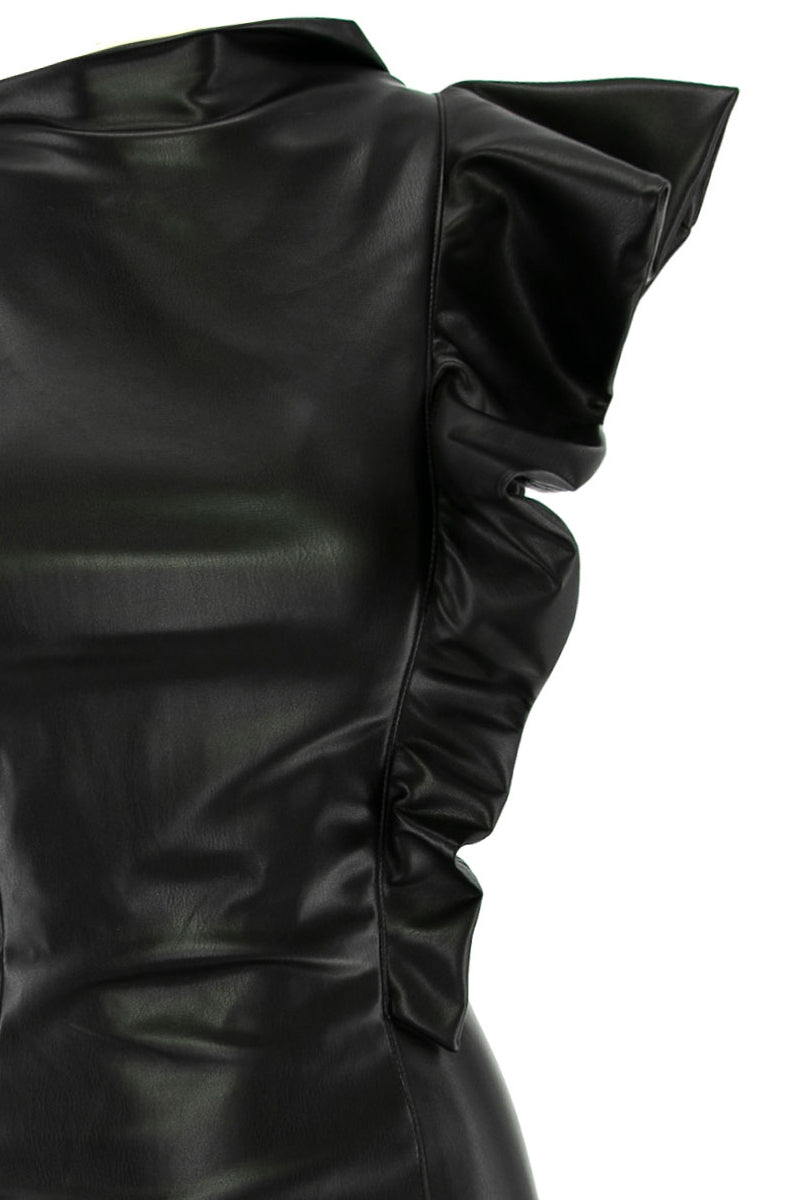 Eco Leather Asymmetrical Mini Dress With Ruffle