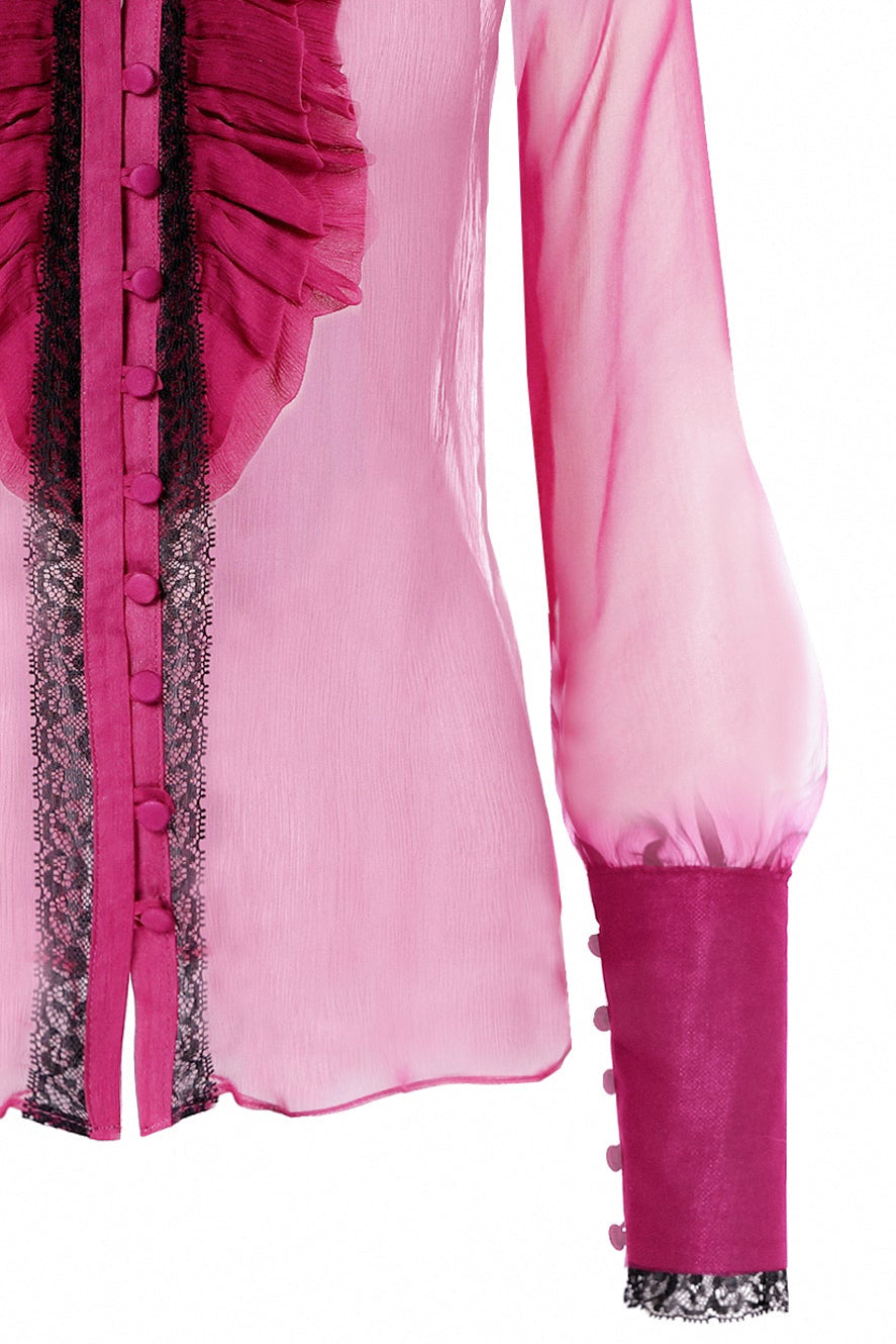 Silk Ruffle Buttoned Down Shirt - Fuchsia