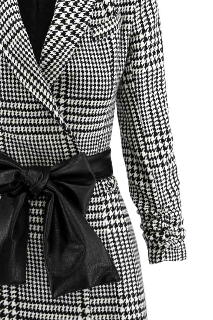 Houndstooth Wool Blazer Dress With Contrast Belt