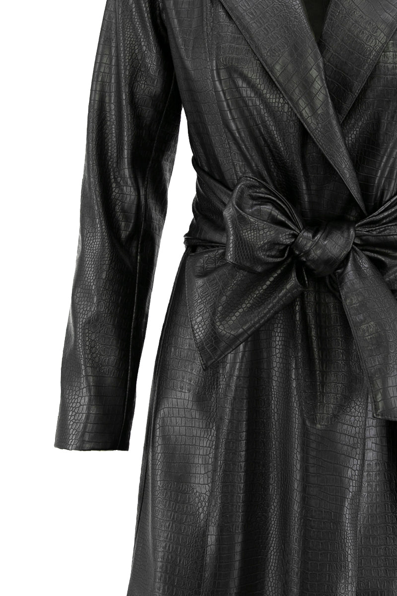 Eco Leather Midi Length Coat With Belt