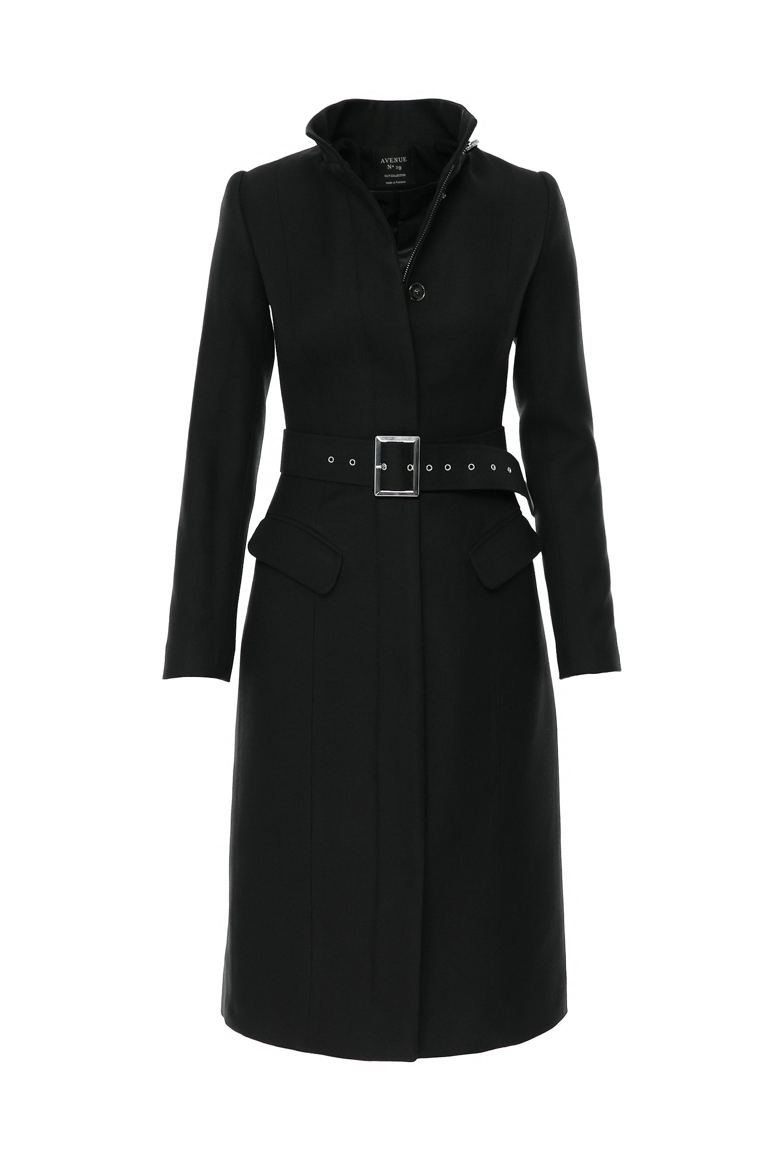 Midi Length Wool Coat With Belt - Black