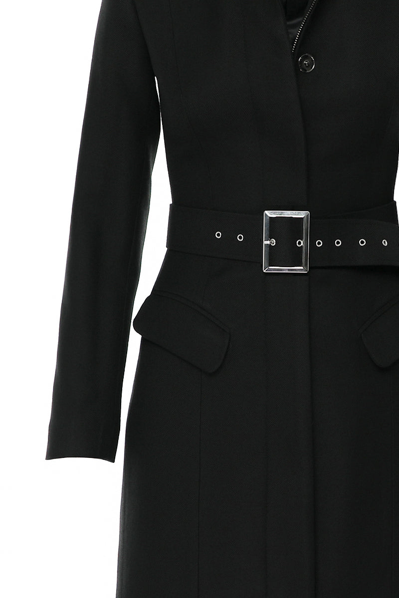 Midi Length Wool Coat With Belt - Black