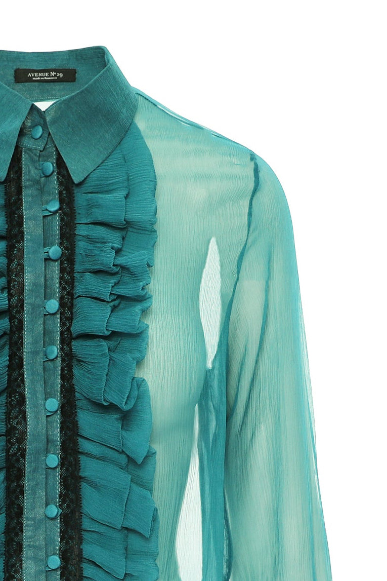 Silk Ruffle Buttoned Down Shirt - Turquoise