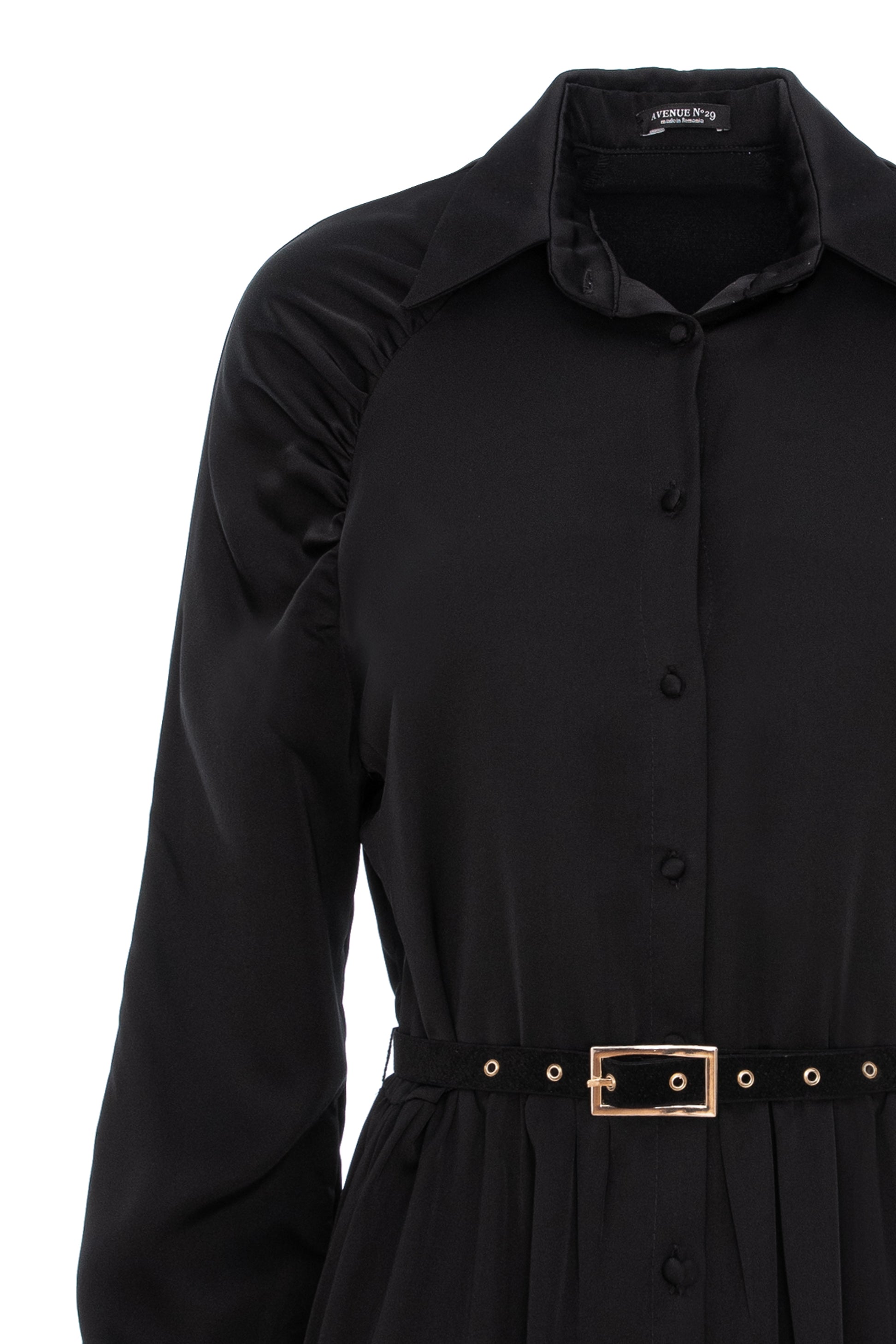 Gathered Raglan Sleeve Viscose Midi Shirt Dress With Belt - Black
