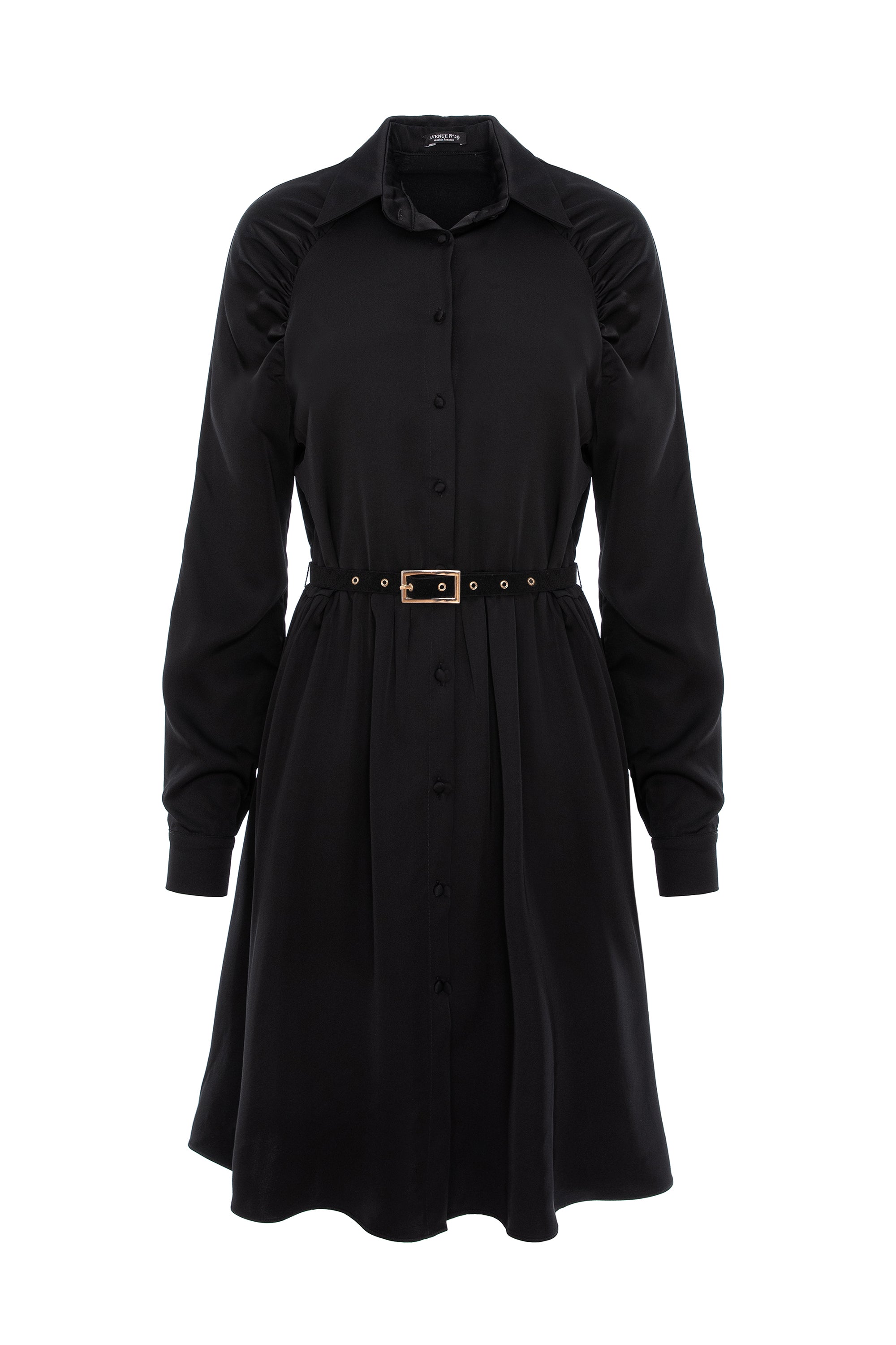 Gathered Raglan Sleeve Viscose Midi Shirt Dress With Belt - Black