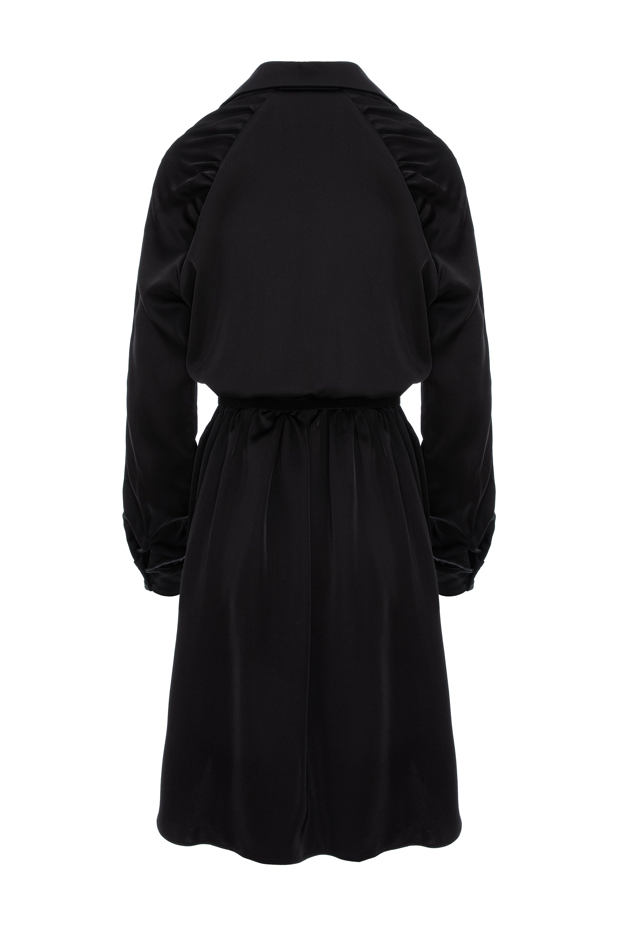 Gathered Raglan Sleeve Viscose Midi Shirt Dress With Belt - Black