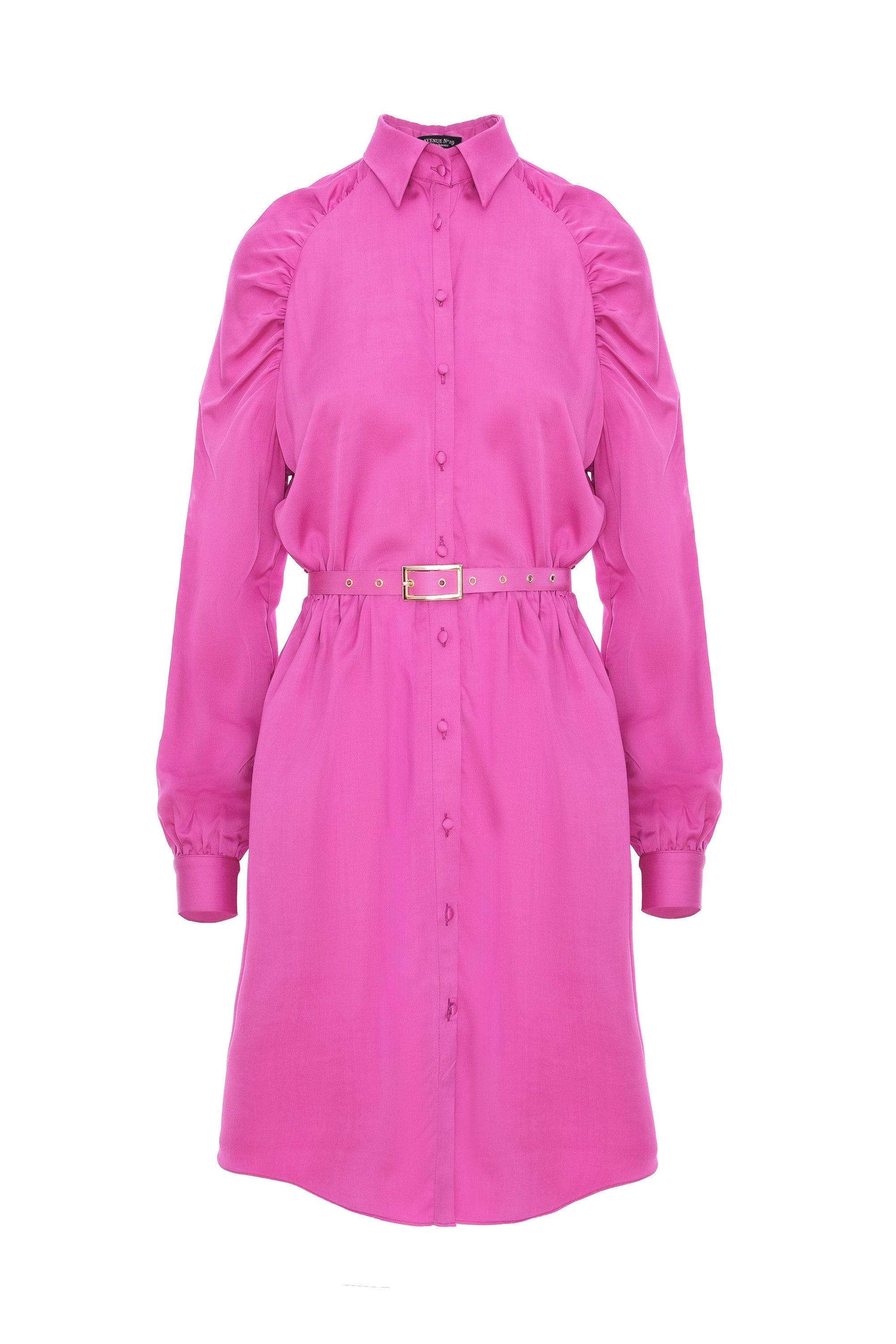 Gathered Raglan Sleeve Viscose Midi Shirt Dress With Belt - Pink