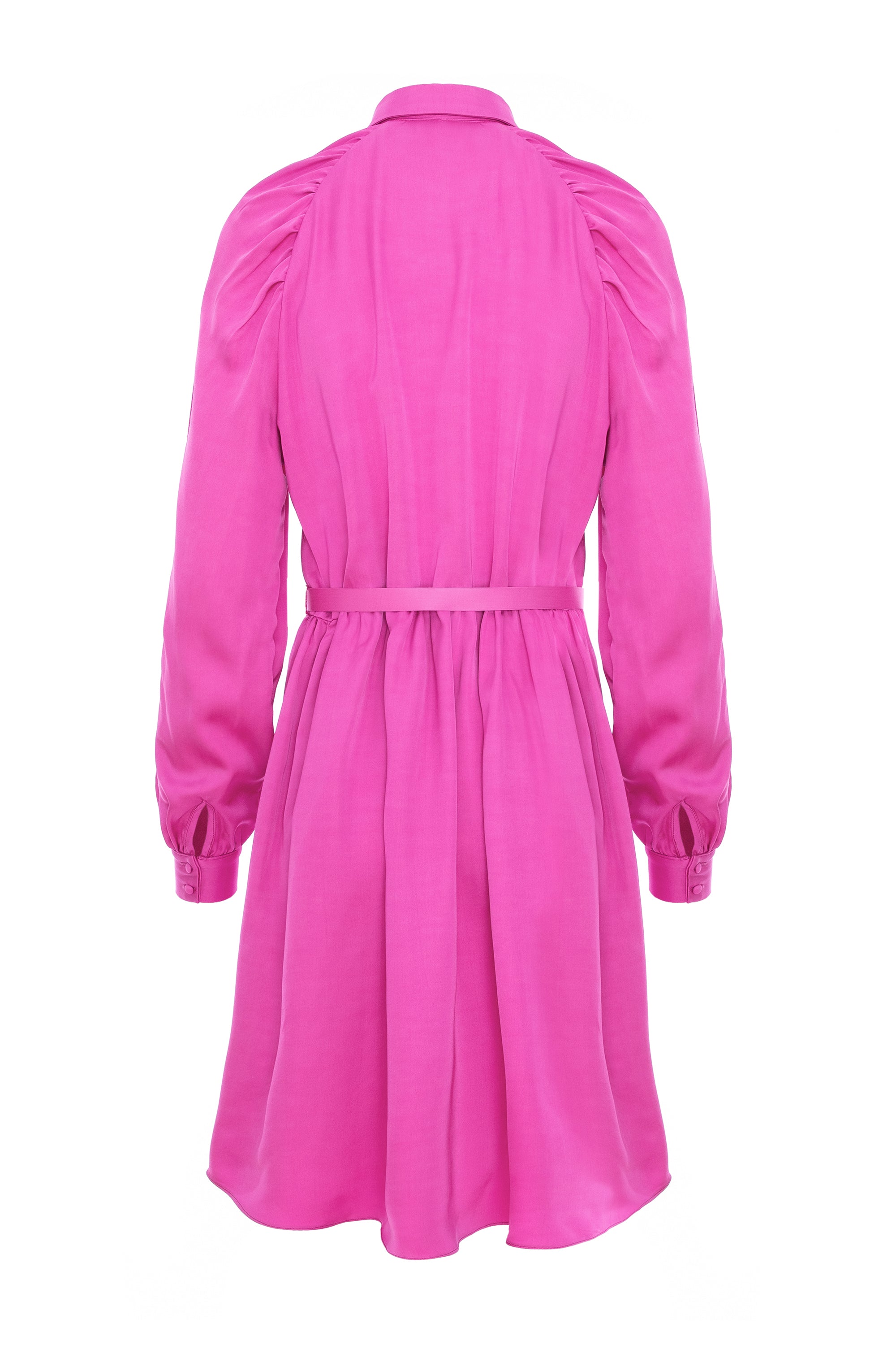 Gathered Raglan Sleeve Viscose Midi Shirt Dress With Belt - Pink