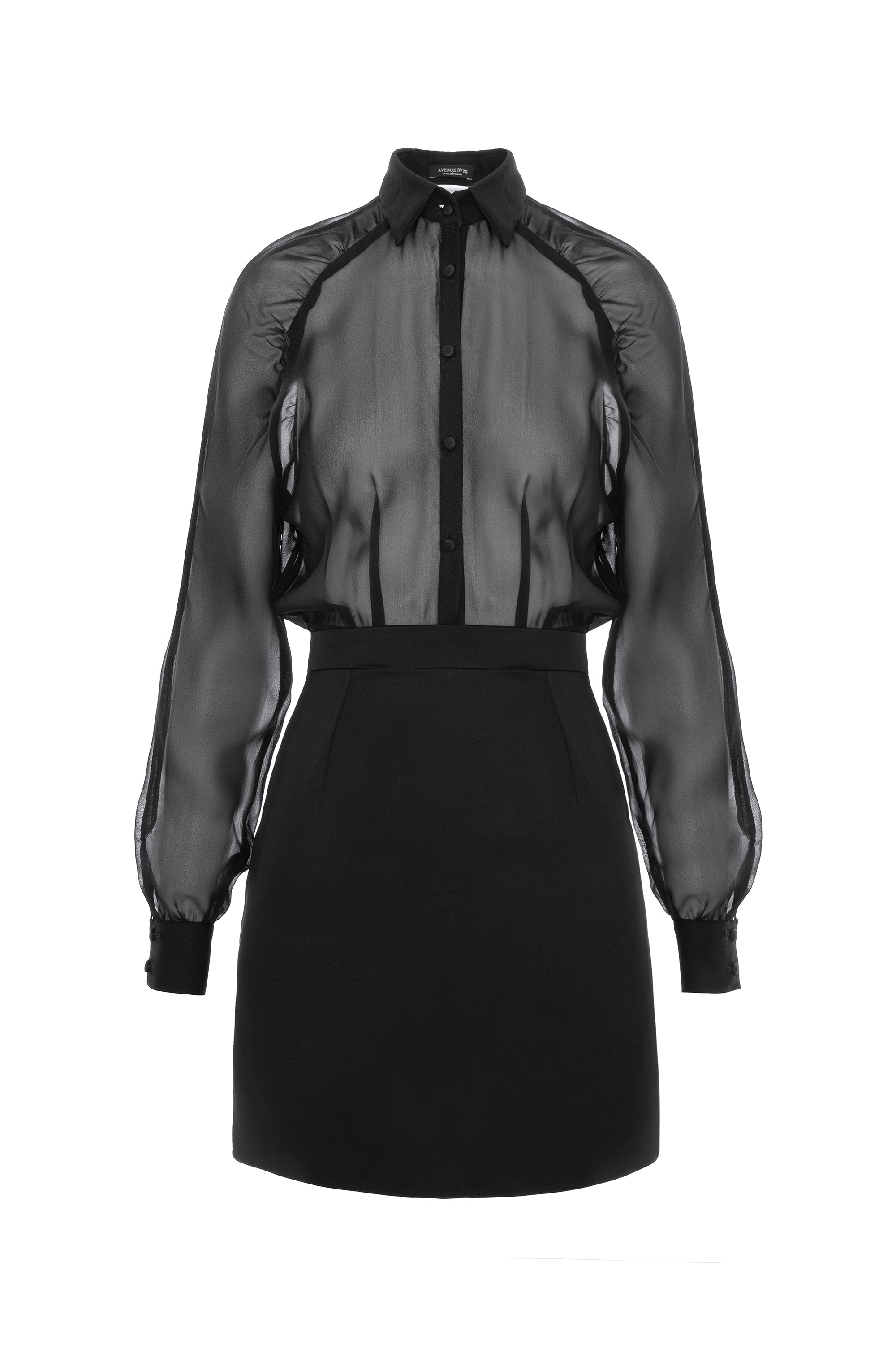 Gathered Raglan Sleeve Viscose&Silk Mini Shirt Dress - Black