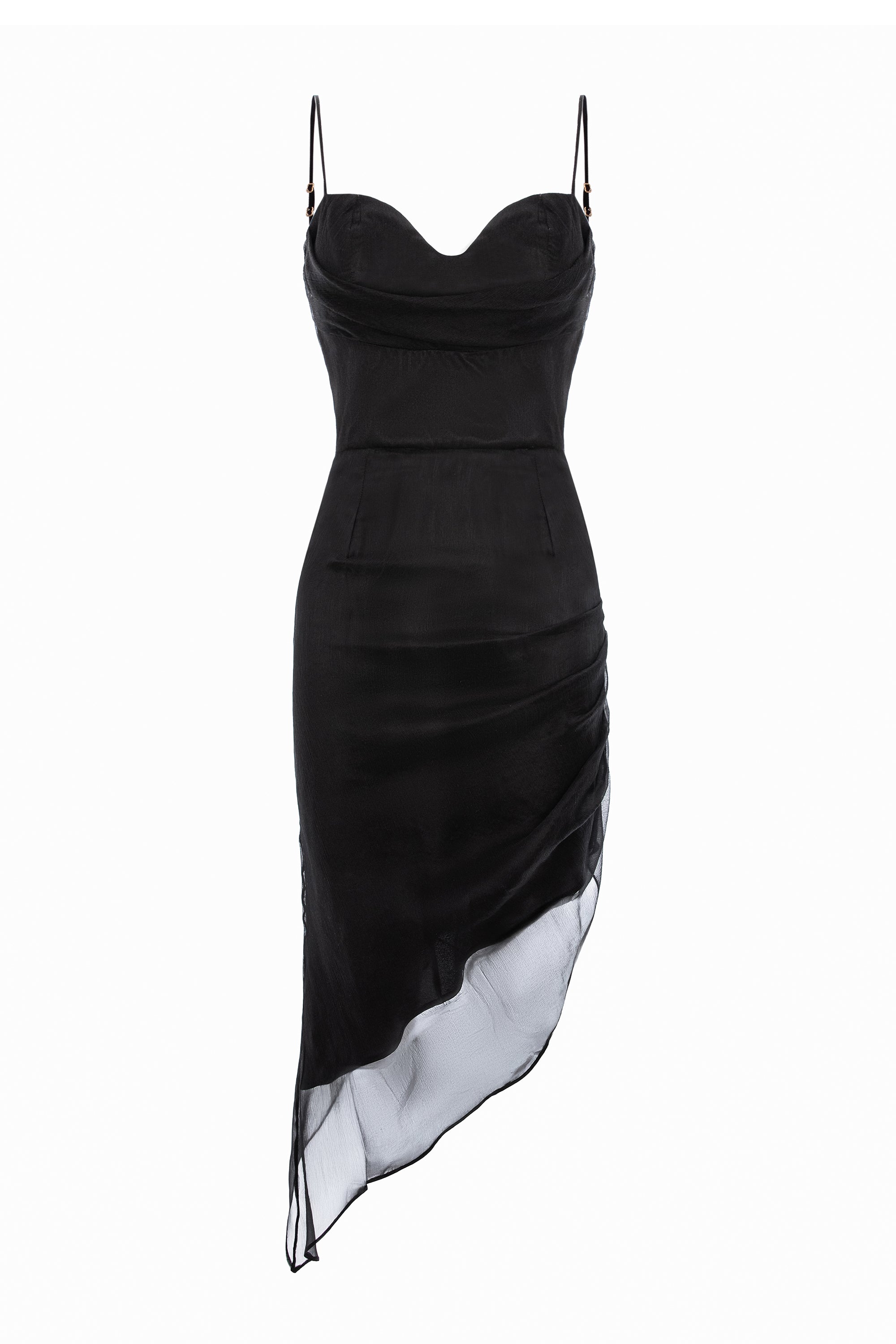 Asymmetric Silk Midi Dress With Straps And Side Gathering - Black