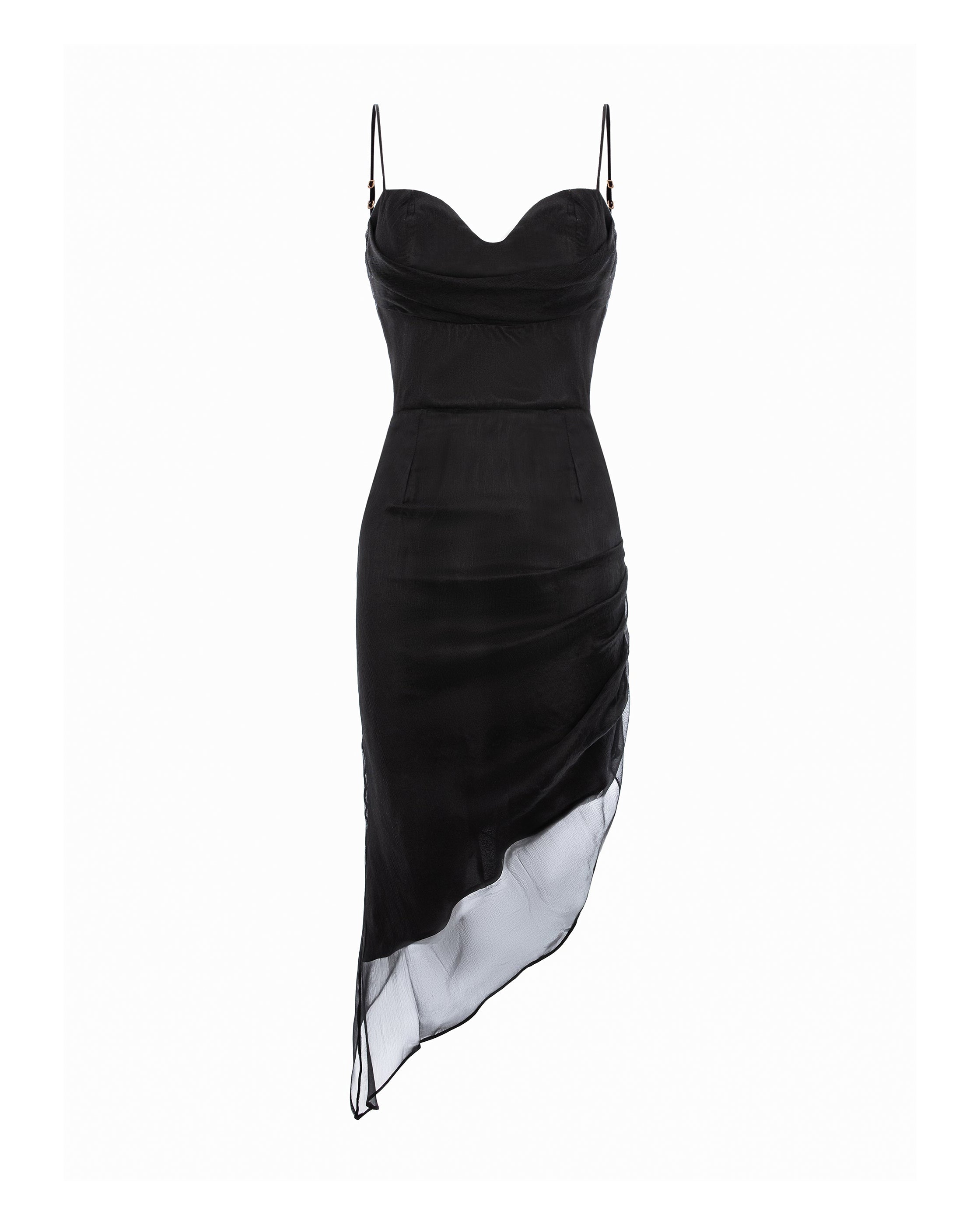 Asymmetric Silk Midi Dress With Straps And Side Gathering - Black