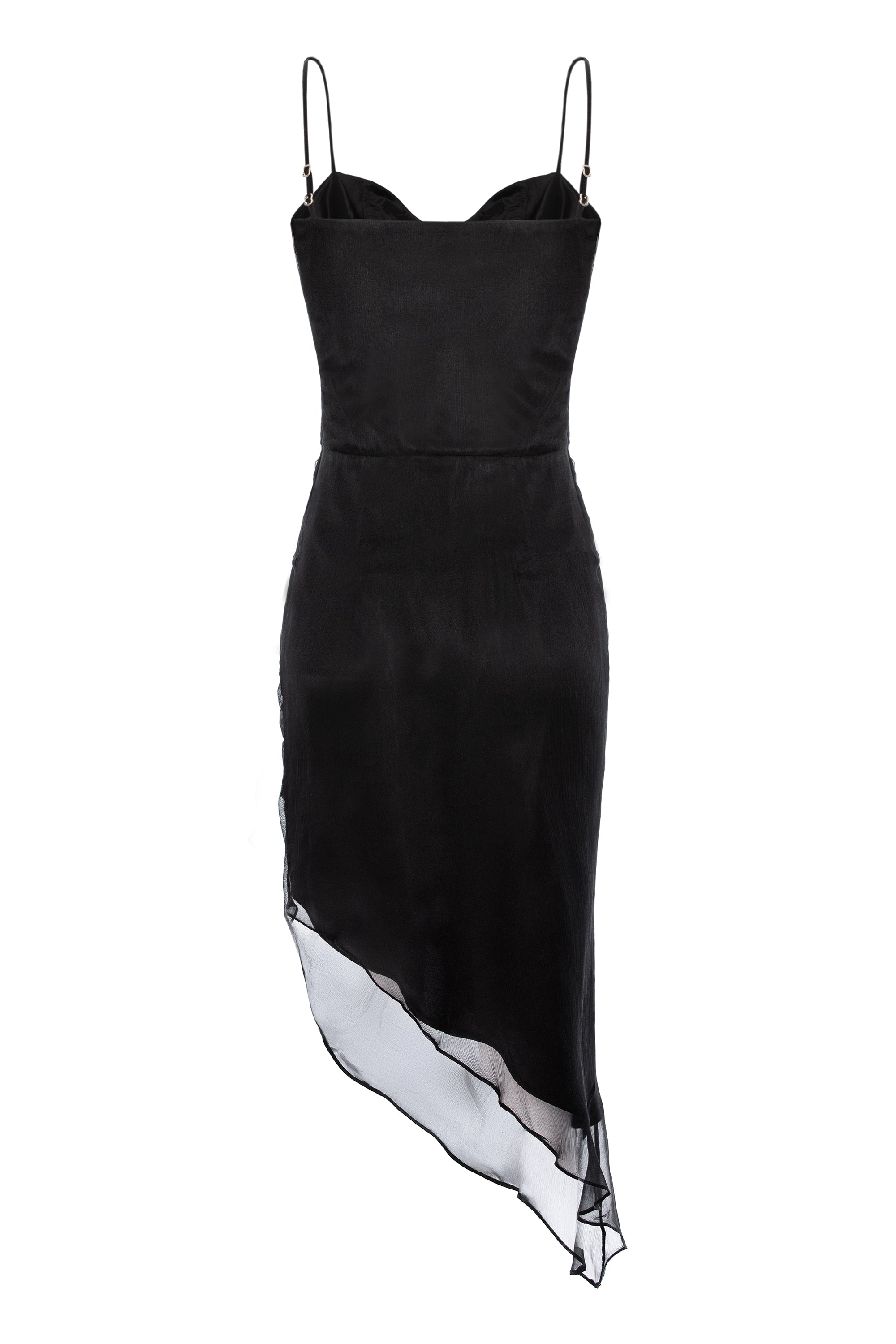 Asymmetric Silk Midi Dress With Straps And Side Gathering - Black