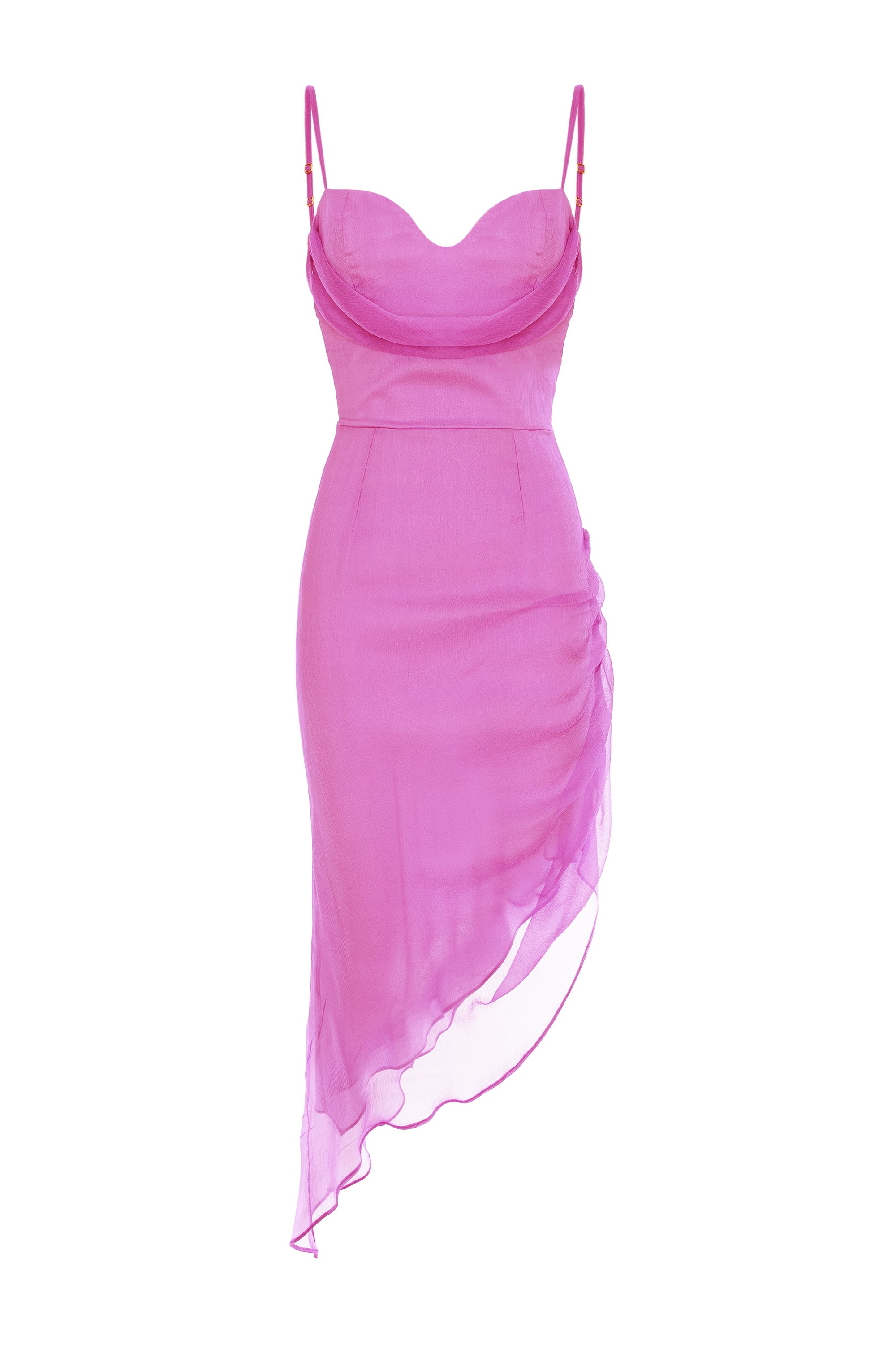 Asymmetric Silk Midi Dress With Straps And Side Gathering