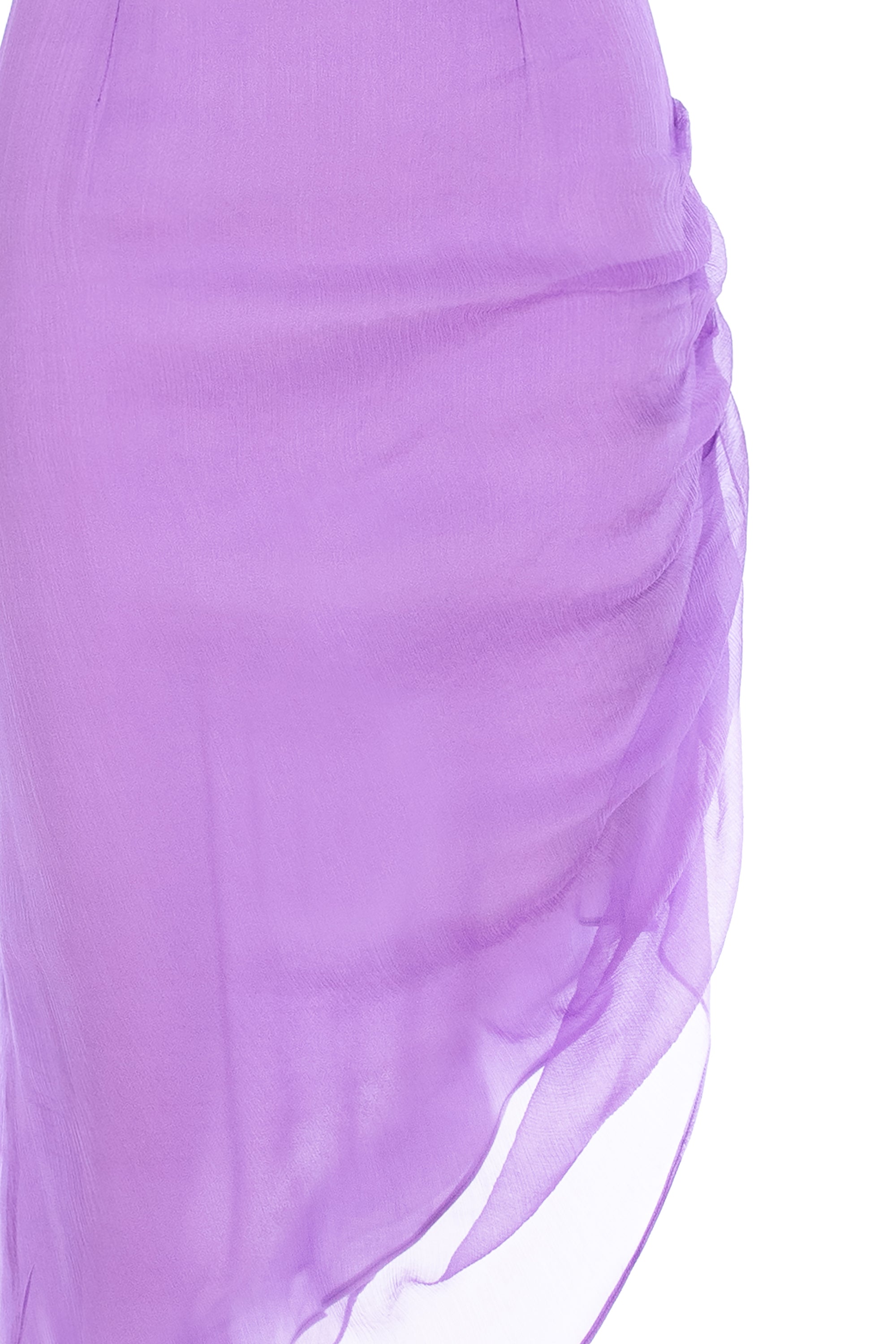 Asymmetric Silk Midi Dress With Straps And Side Gathering - Lilac