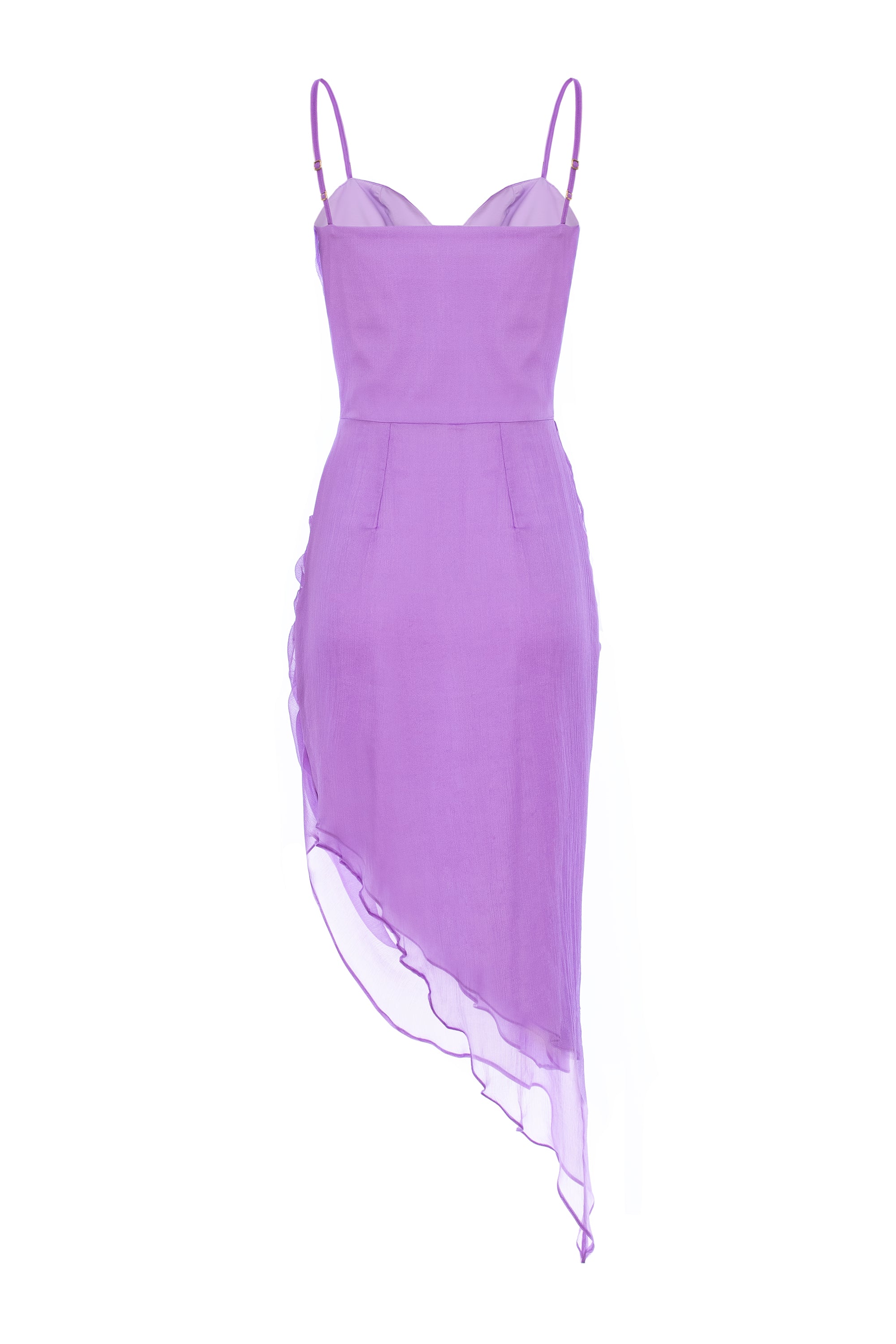 Asymmetric Silk Midi Dress With Straps And Side Gathering - Lilac