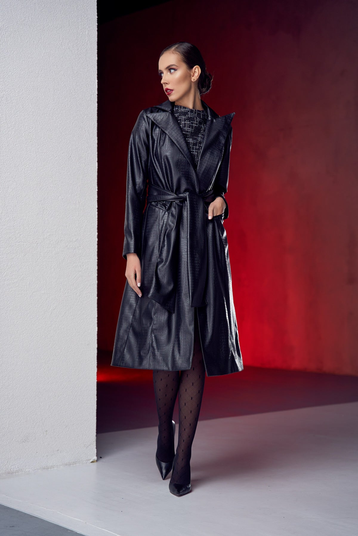 Eco Leather Midi Length Coat With Belt