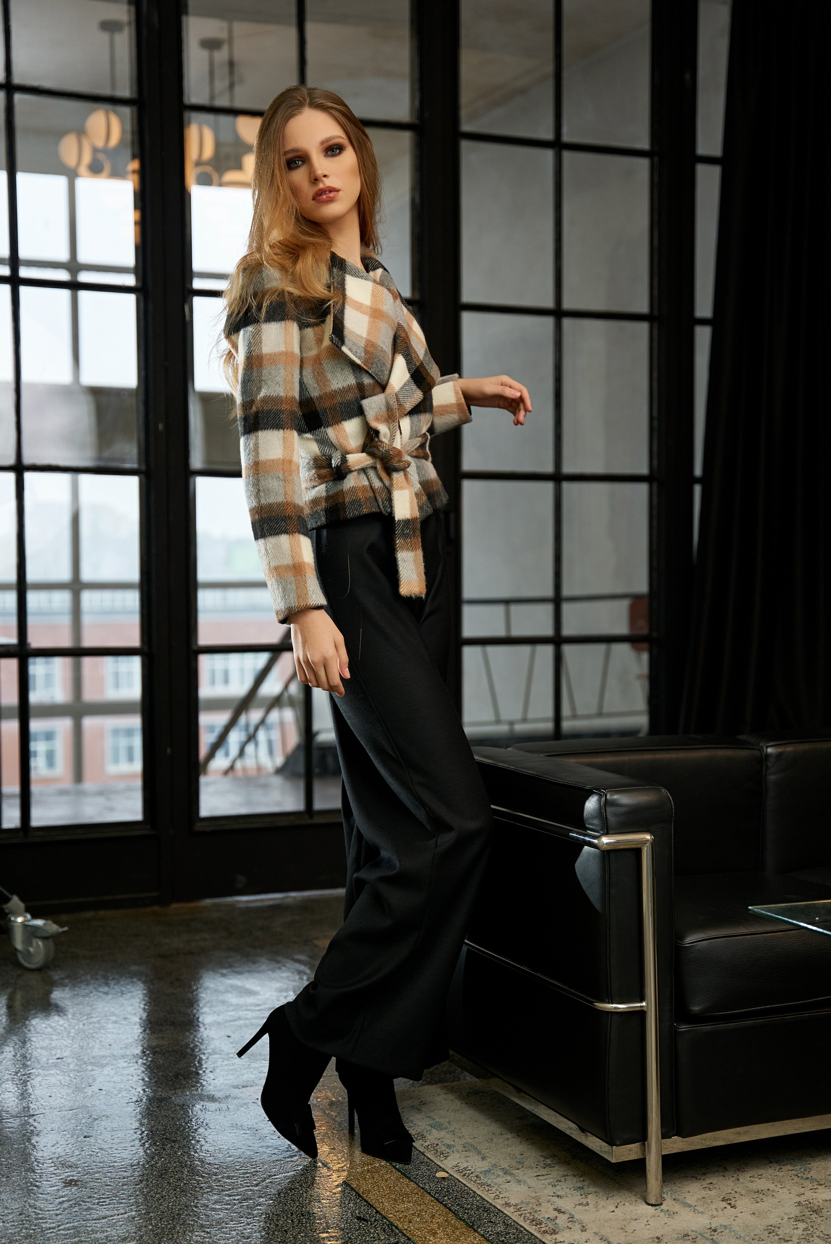 Checked Wool Double Breasted Wide Lapel Jacket With Belt