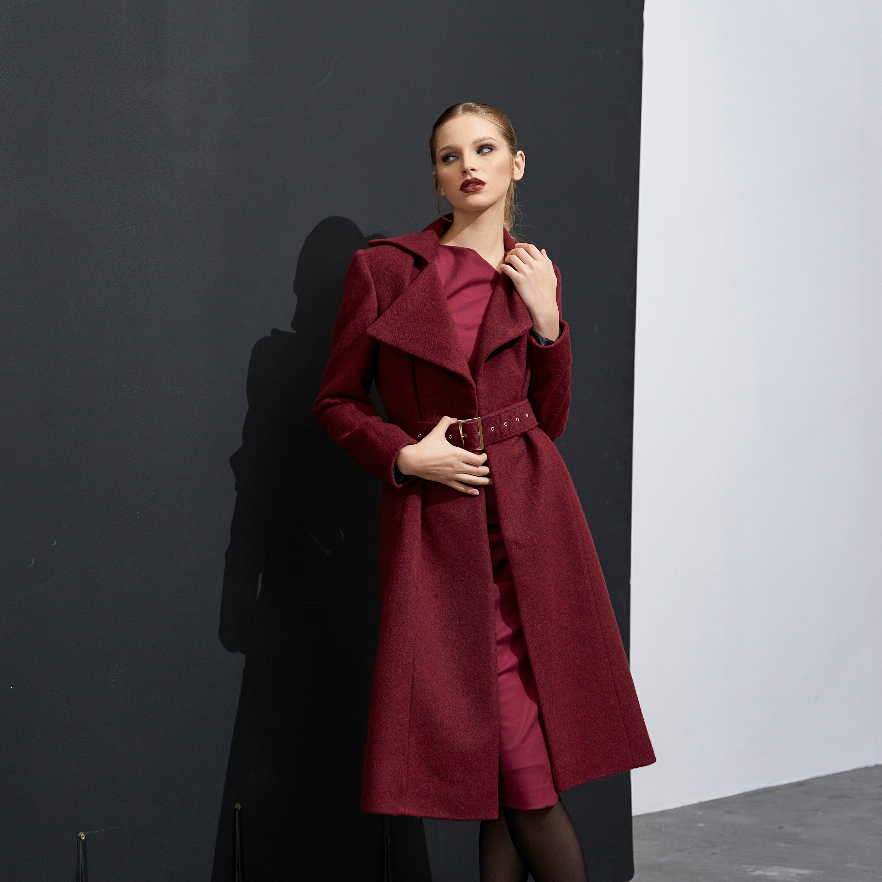 Double Breasted Midi Length Wool Coat With Belt - Burgundy