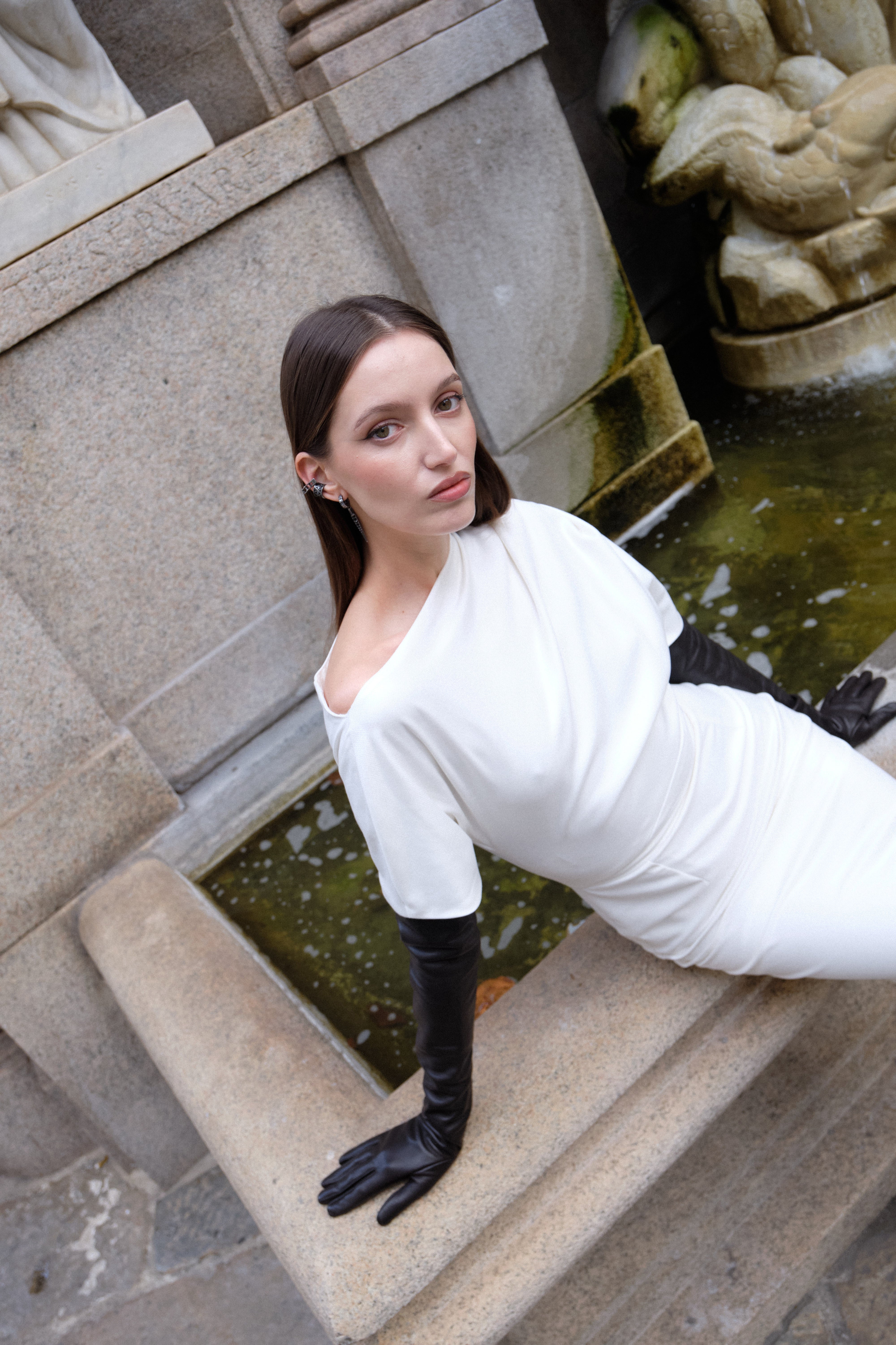 Short Sleeve Asymmetric Leg Slit Dress - White