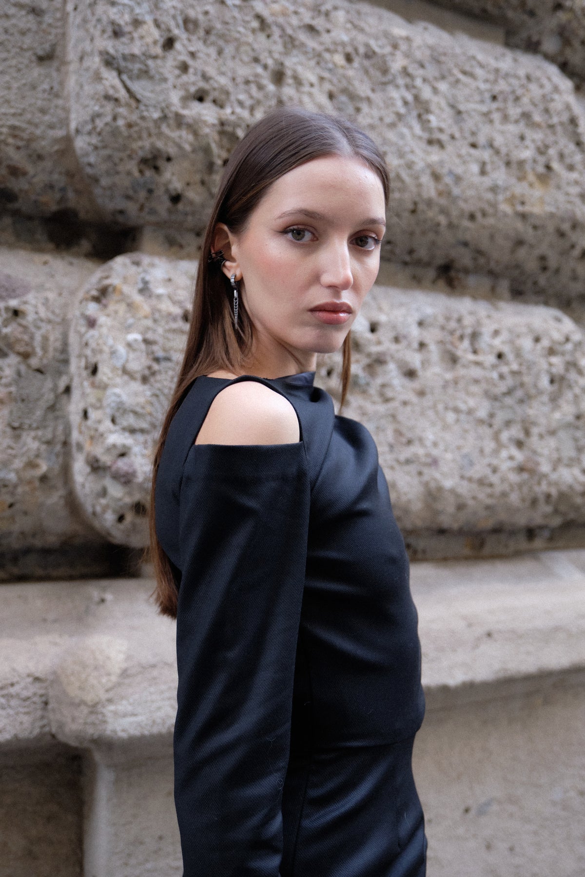 Cut-out Asymmetric Wool Midi Dress - Black