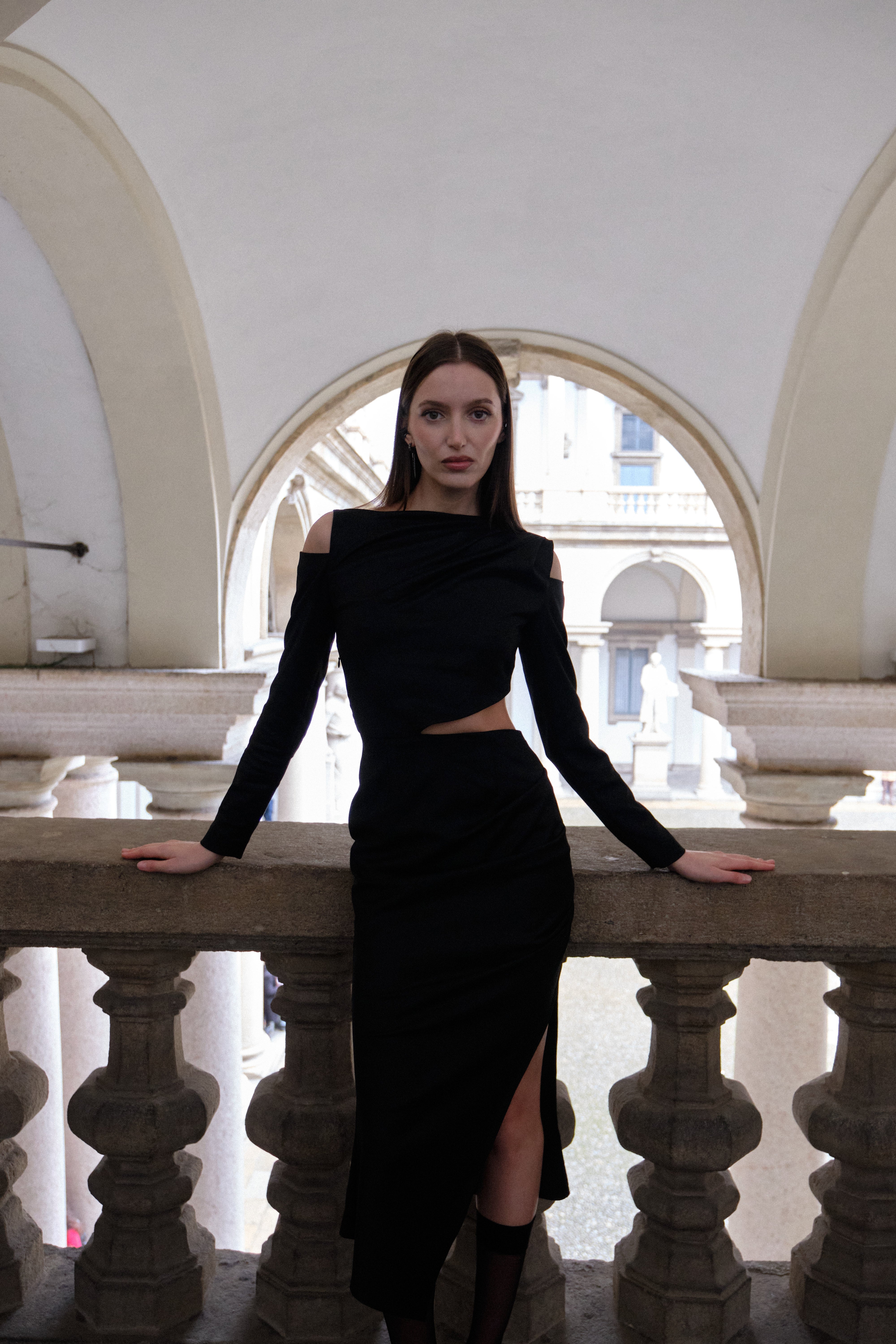 Cut-out Asymmetric Wool Midi Dress - Black