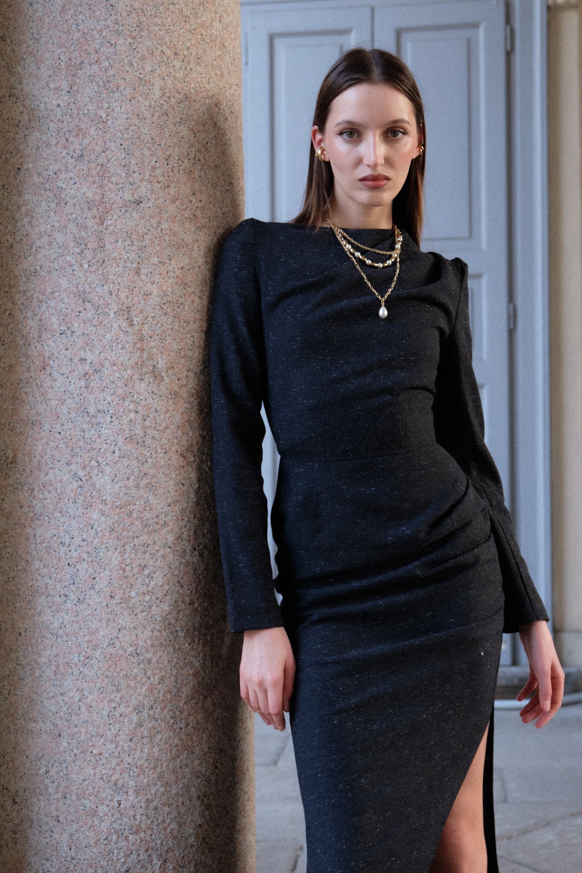 Long Sleeve Asymmetric Midi Dress - Dark Grey