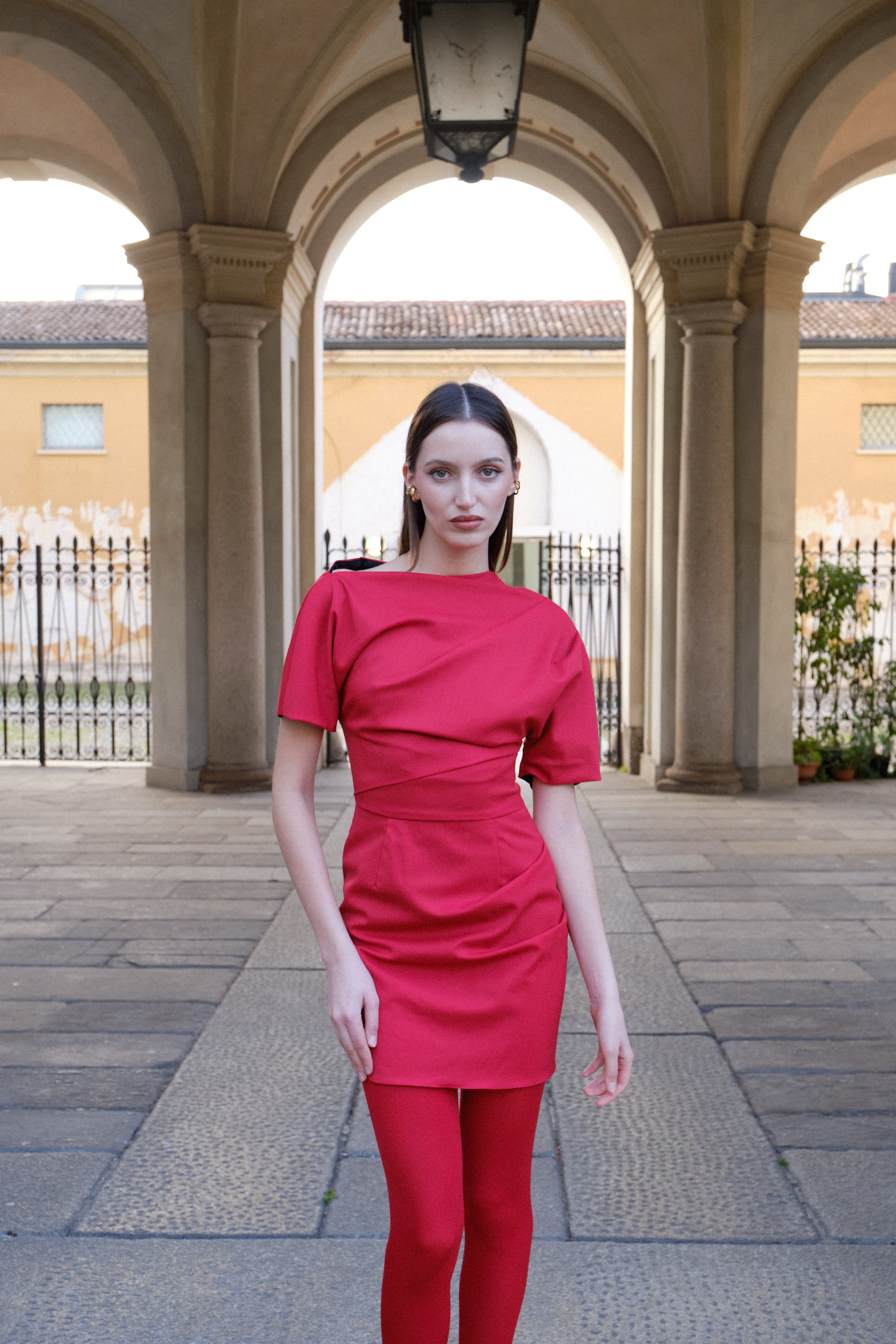 Short Sleeve Gathered Mini Dress - Red