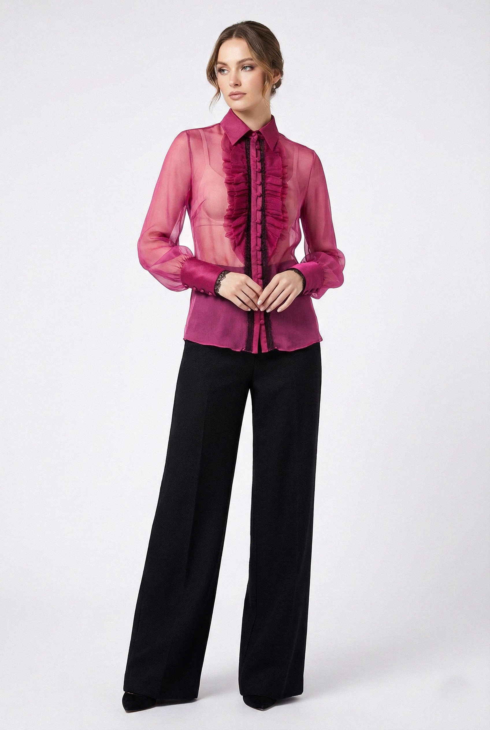 Silk Ruffle Buttoned Down Shirt - Fuchsia