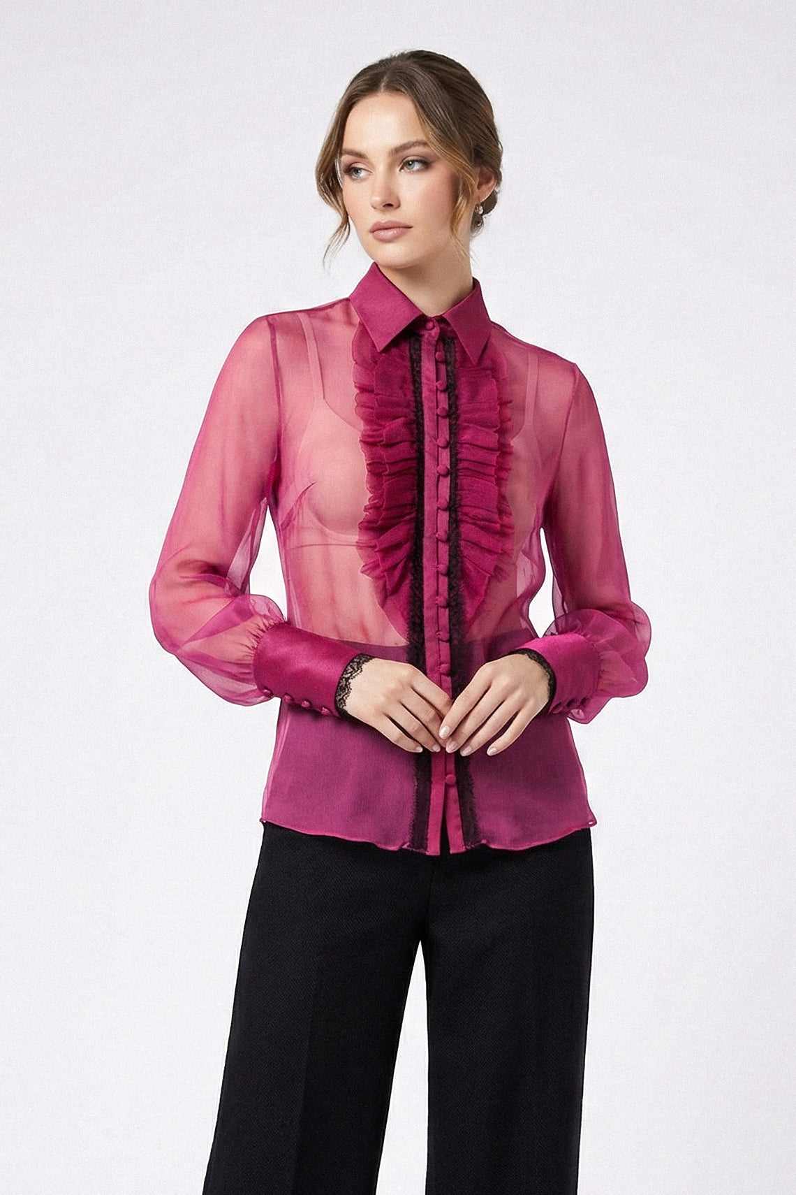 Silk Ruffle Buttoned Down Shirt - Fuchsia