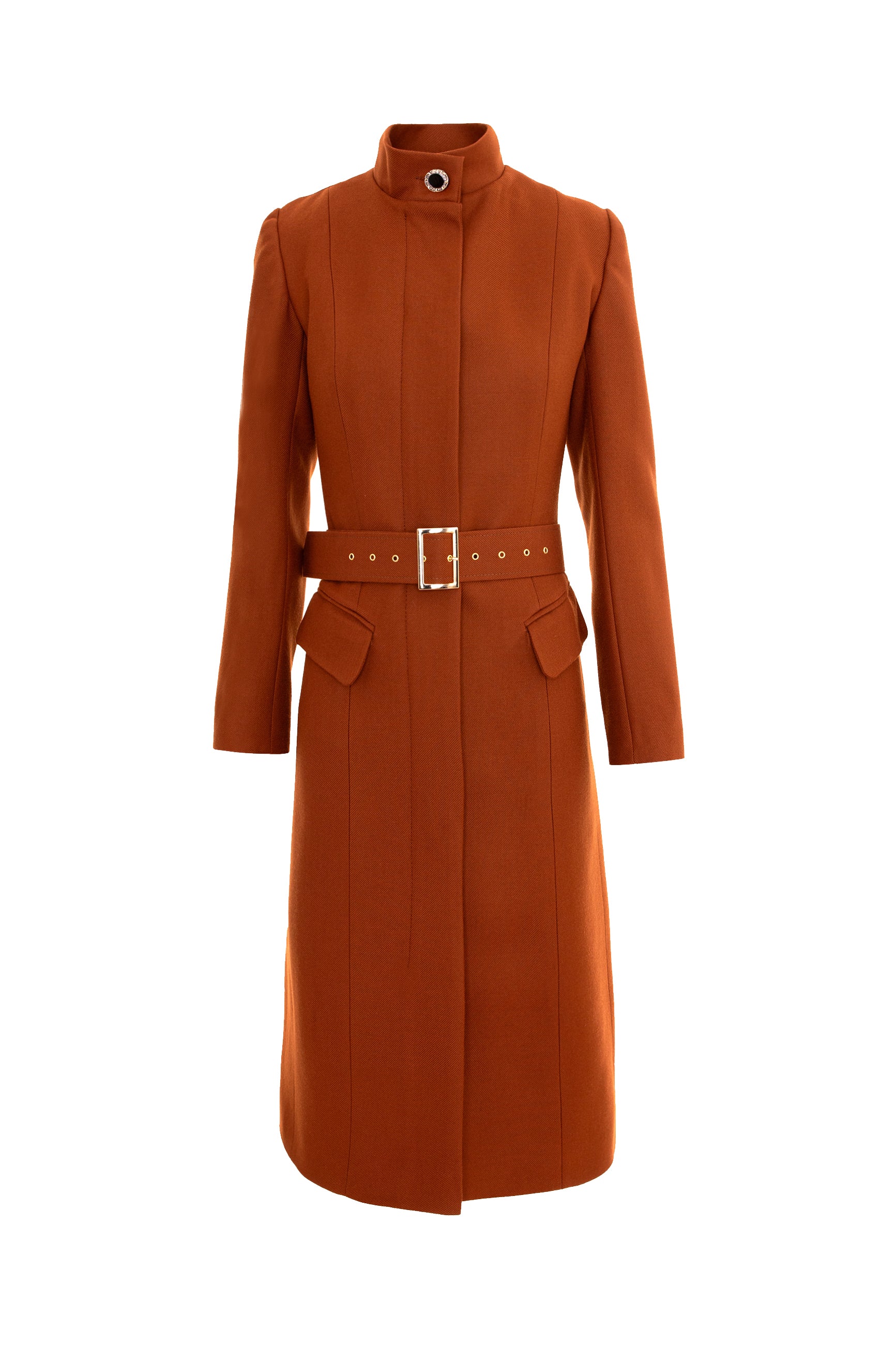 Midi Length Wool Coat With Belt - Brown
