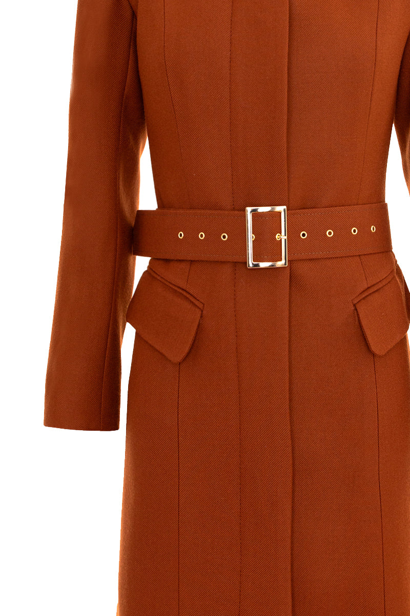 Midi Length Wool Coat With Belt - Brown