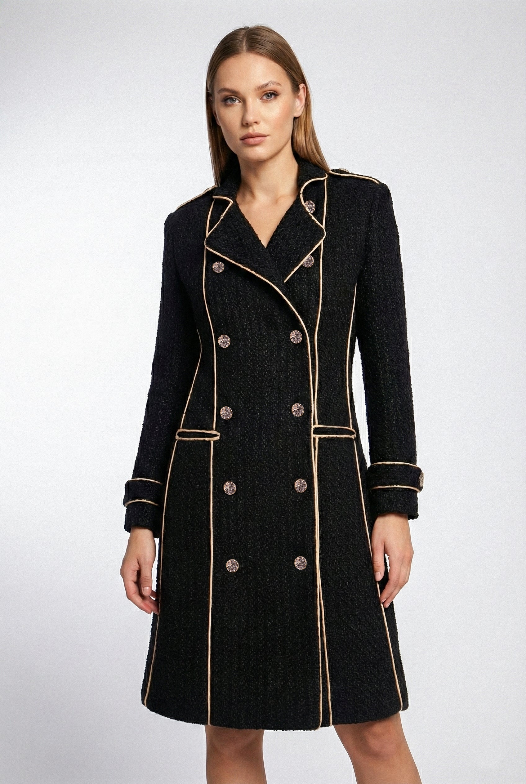 Double Breasted Military Coat With Contrast Buttons – Black