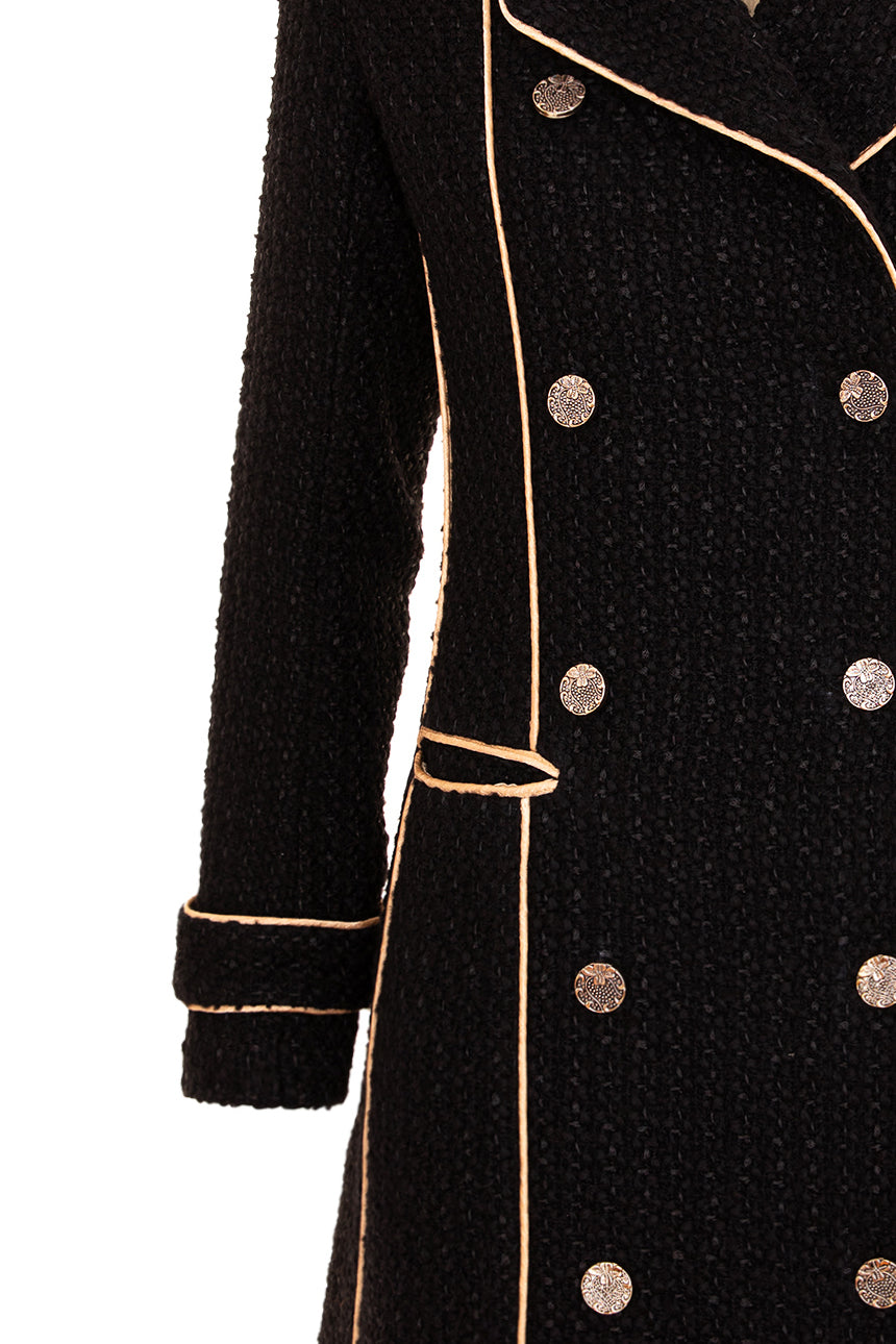 Double Breasted Military Coat With Contrast Buttons – Black