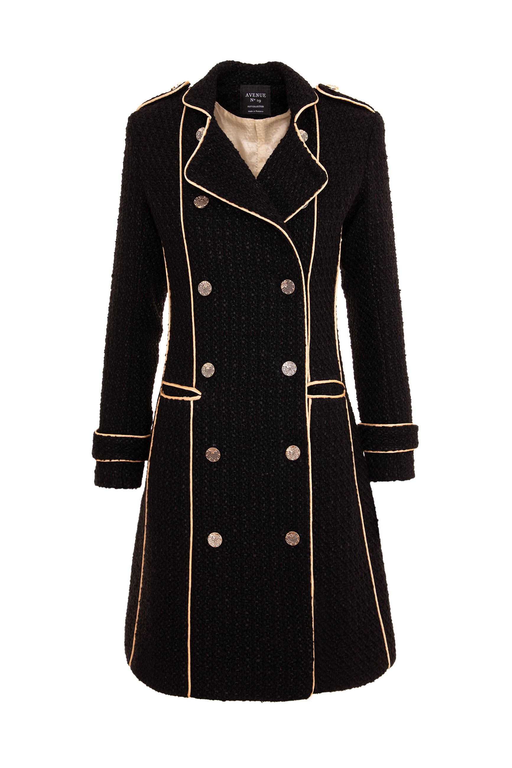 Double Breasted Military Coat With Contrast Buttons – Black