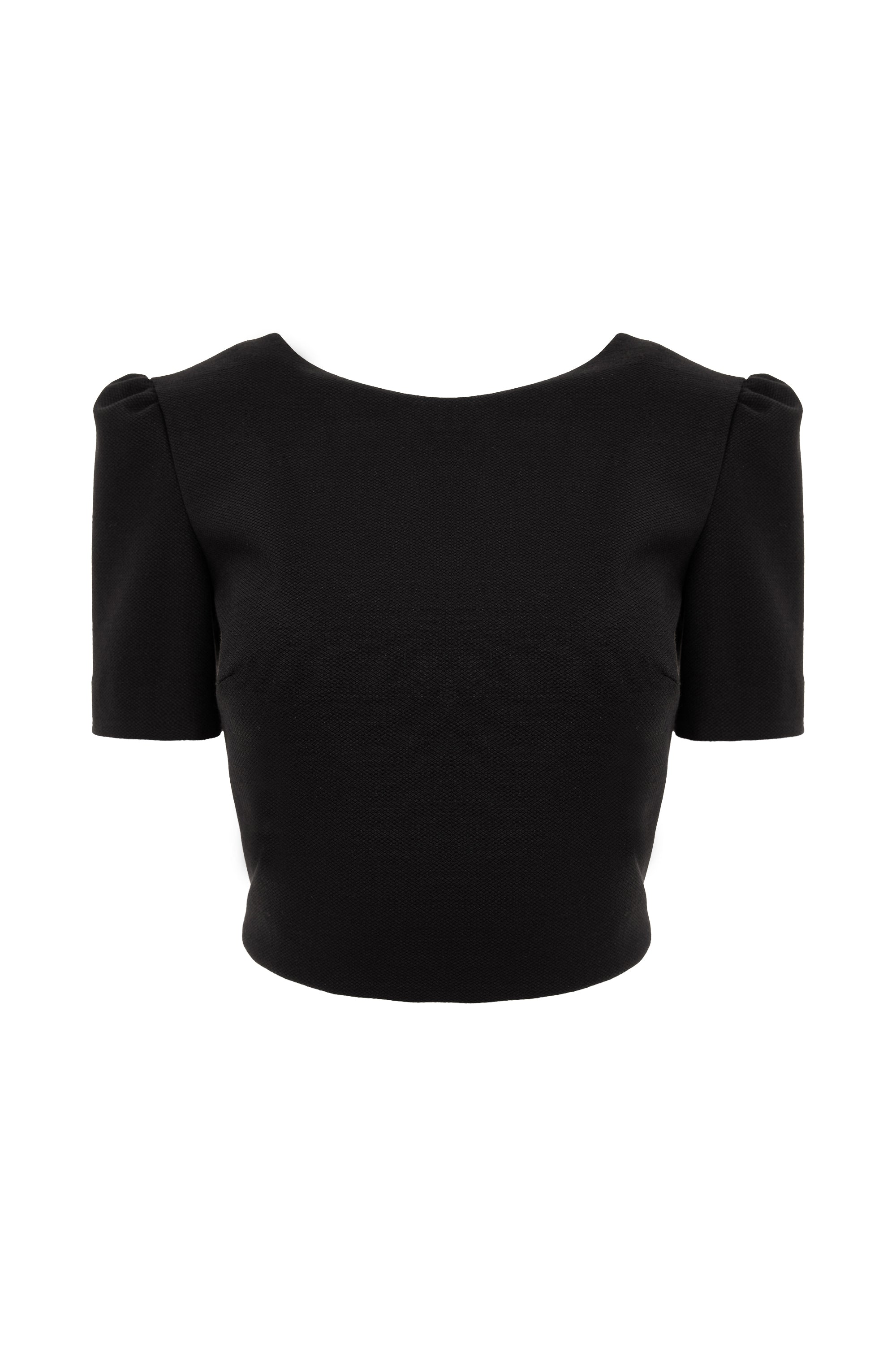 Wool Cropped Blouse With Back V Cut - Black