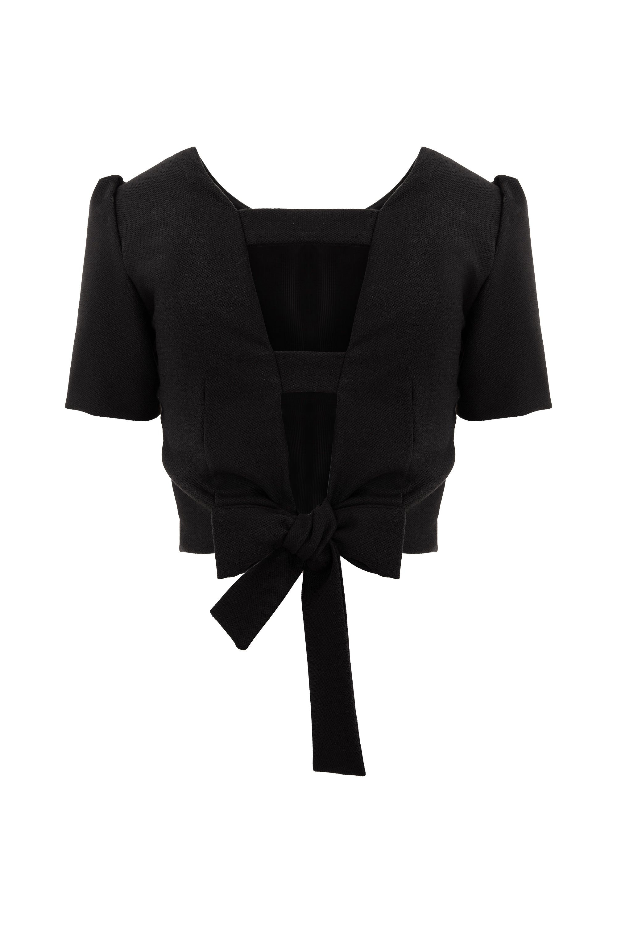 Wool Cropped Blouse With Back V Cut - Black
