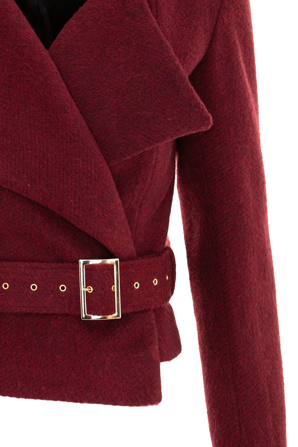 Wool Double Breasted Wide Lapel Jacket With Belt - Burgundy