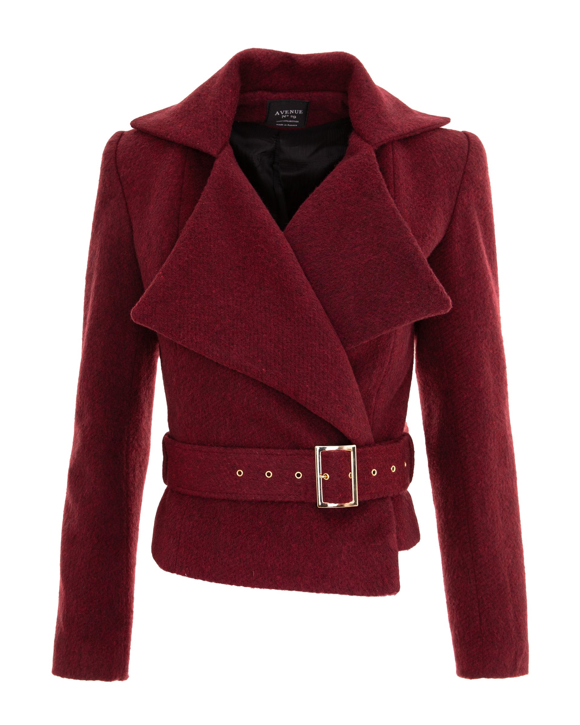 Wool Double Breasted Wide Lapel Jacket With Belt - Burgundy