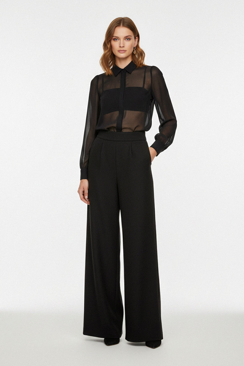 Wool Wide Leg Trousers - Black