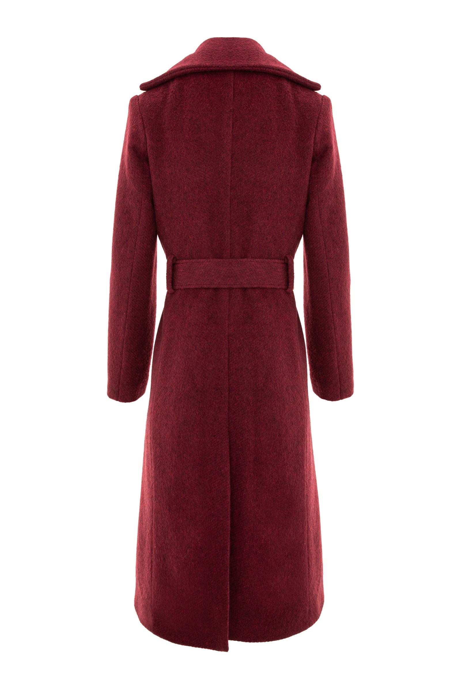 Double Breasted Midi Length Wool Coat With Belt - Burgundy
