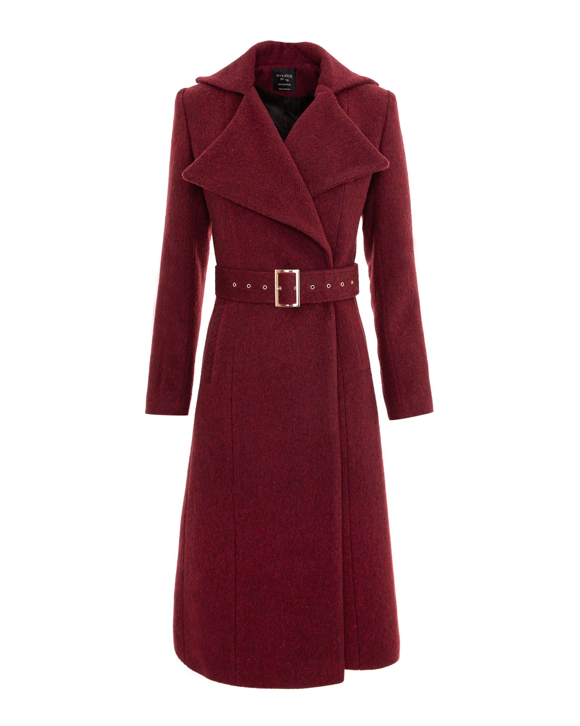 Double Breasted Midi Length Wool Coat With Belt - Burgundy
