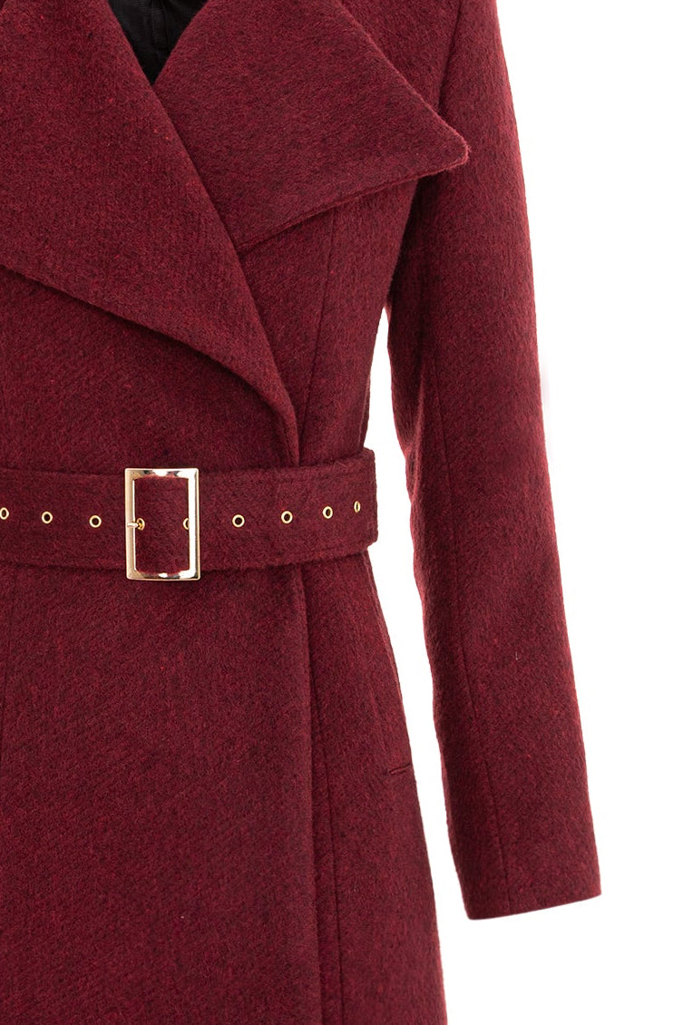 Double Breasted Midi Length Wool Coat With Belt - Burgundy