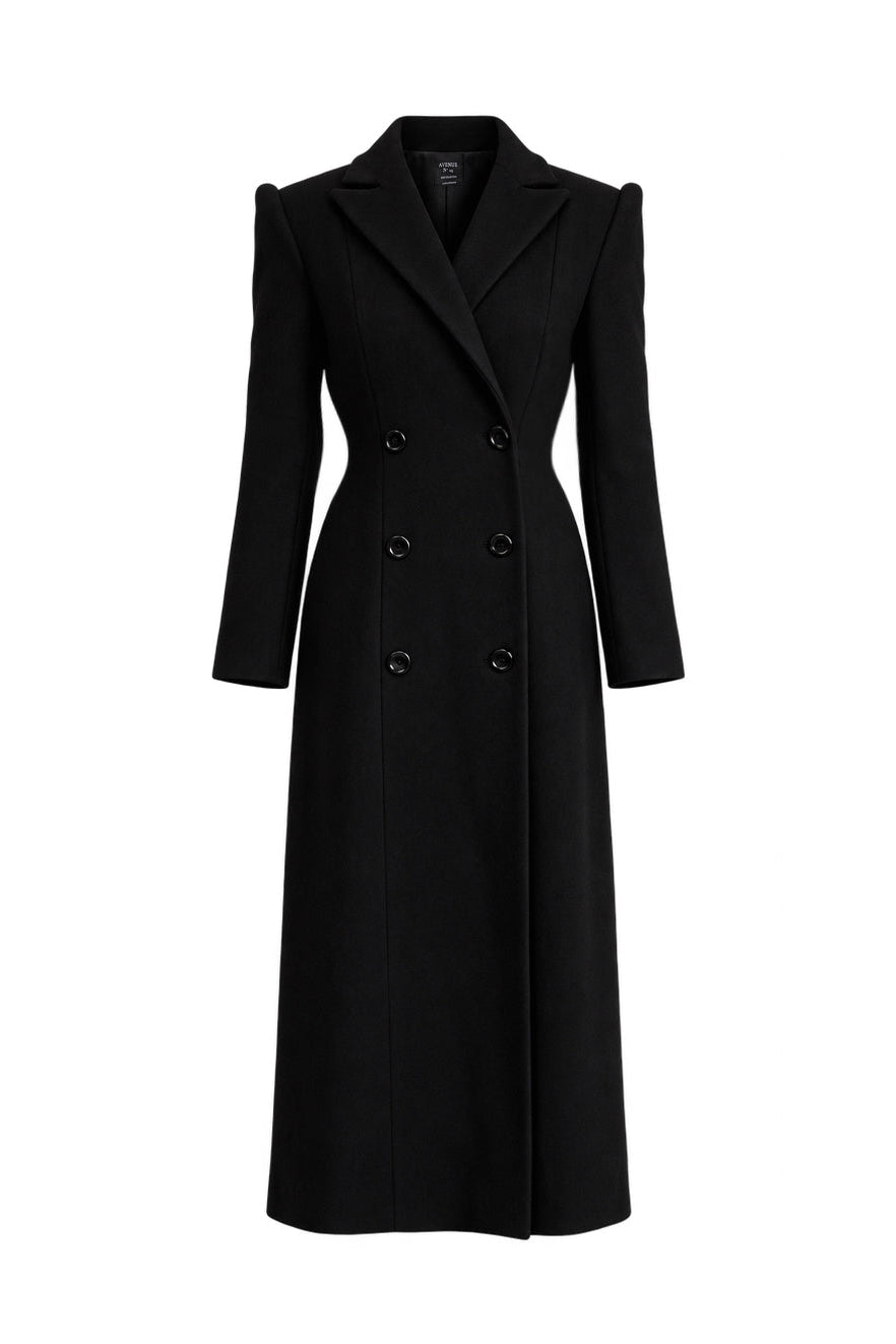 Wool Double Breasted Long Coat - Black