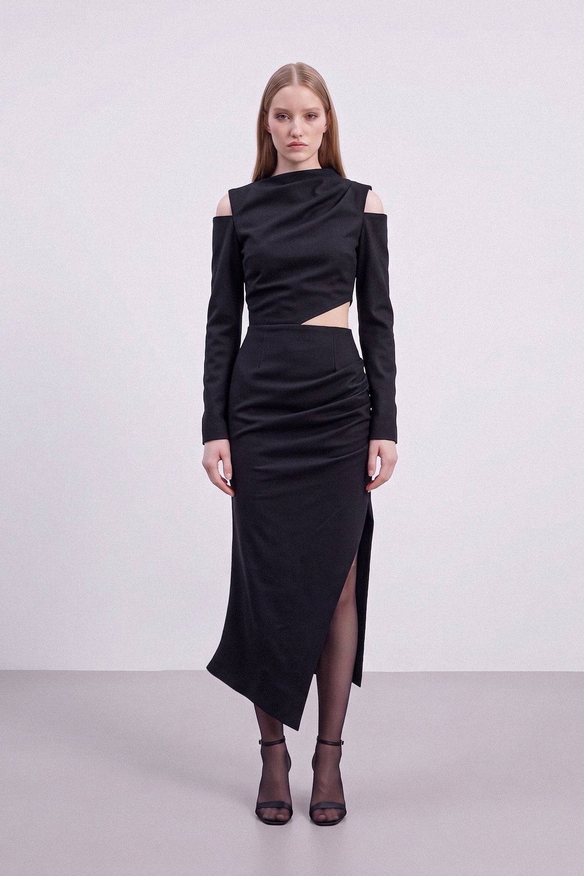 Cut-out Asymmetric Wool Midi Dress - Black